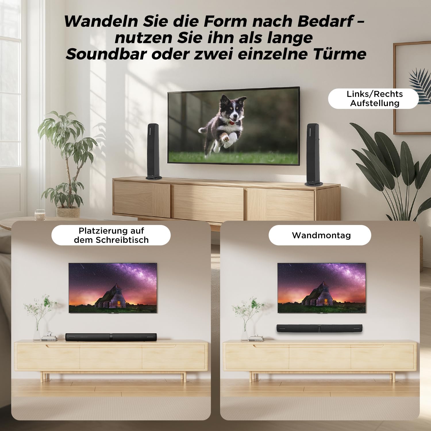 Soundbar für TV Geräte, 2-in-1 Trennbare Tower-Lautsprecher mit Bluetooth 5.3/HDMI-ARC/Optisch/AUX – Wandmontagefähige Home Cinema Sound bar mit Surround-Sound für PC/Gaming/Projektoren (Black) 1Pcs