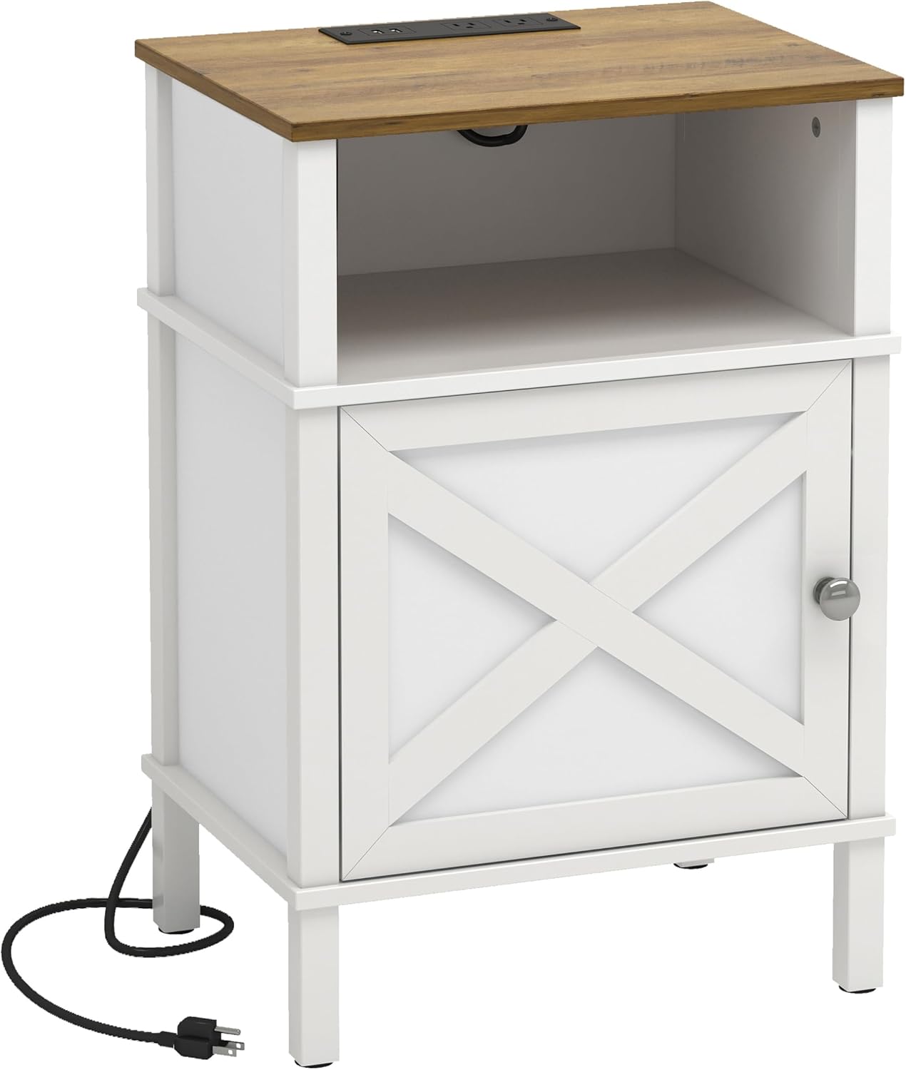 Farmhouse Nightstand with Charging Station, White Bedside Table with USB&Type-C Ports and Outlets, End Table with Storage, Night Stand for Bedroom, White and Rustic Brown WGBZ0601WFE