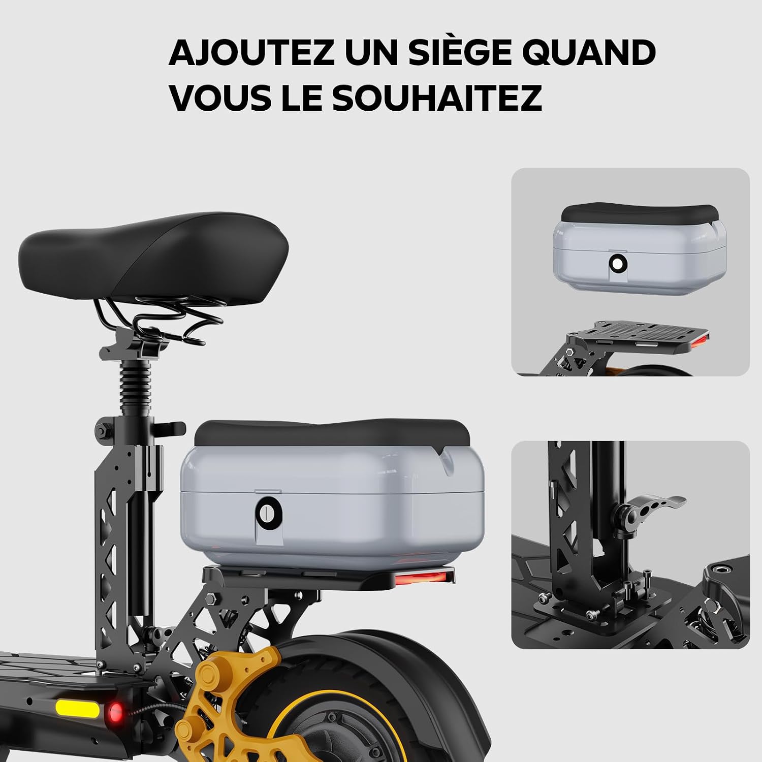 Image showing how to attach an optional seat and top-case to the Ruitoo M5 Pro Electric Scooter.