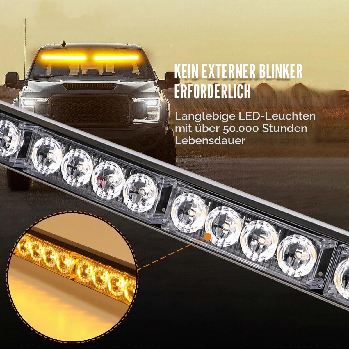 27 Zoll LED Notfall-Stroboskoplicht, 24 LEDs Warnblinker für LKW, Verkehrsführung, Sicherheits-Lichtleiste für Windschutzscheibe (Orange)