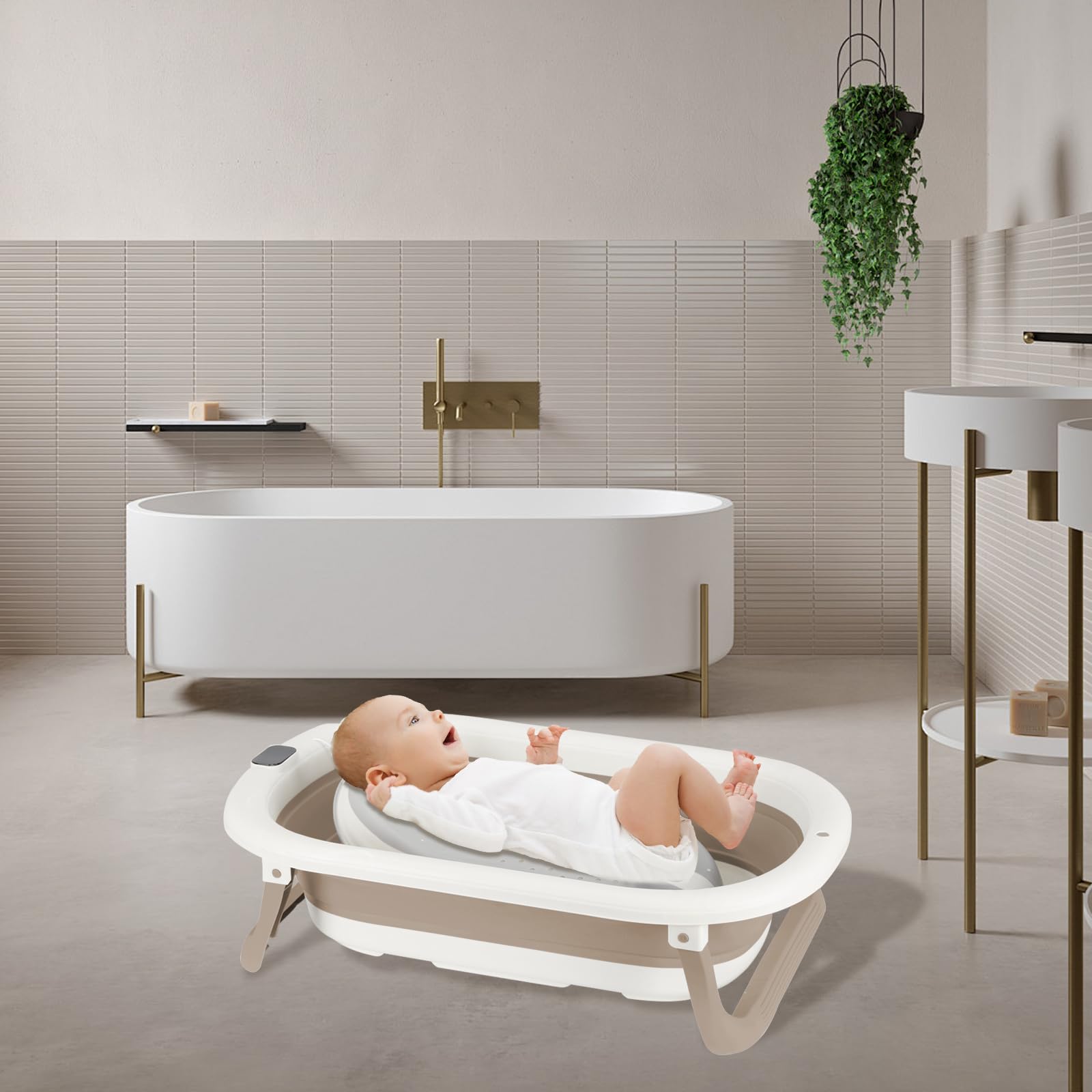Bañera de bebé plegable con termómetro digital, soporte de ducha y asiento, para recién nacido (Kaki, asiento, 71x43x18.5 cm)