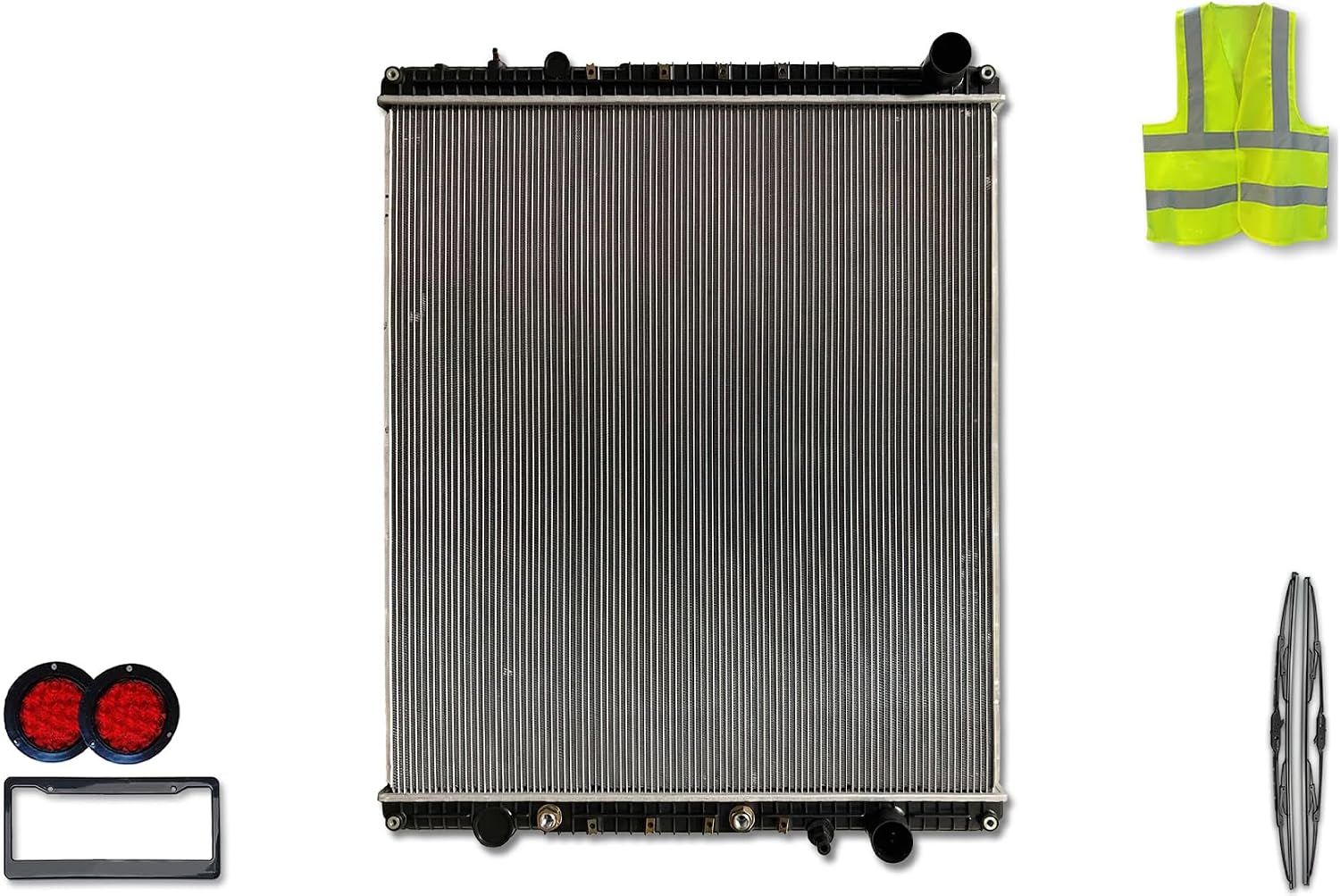 KOZAK Radiator (A0524936002) Compatible with Freightliner Cascadia 2008-2013; Century, Columbia 2008-2011; PLUS Logo, Windshield Wipers, License Plate Frame, 2x Trailer Tail Lights, Vest