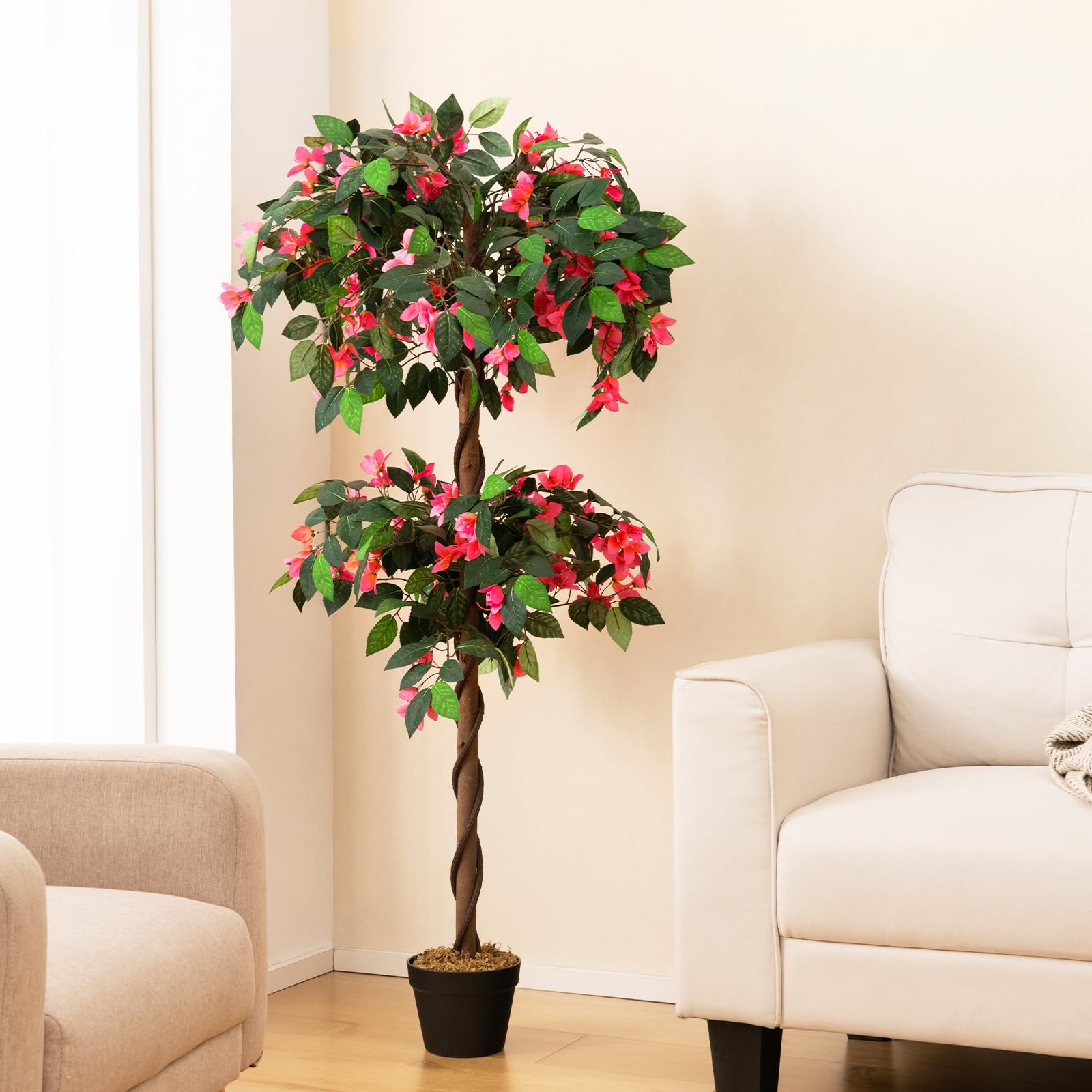 Plante Artificielle Bougainvillier Decovego 140cm - Fausse Plante Décorative En Plastique Avec Pot Béton