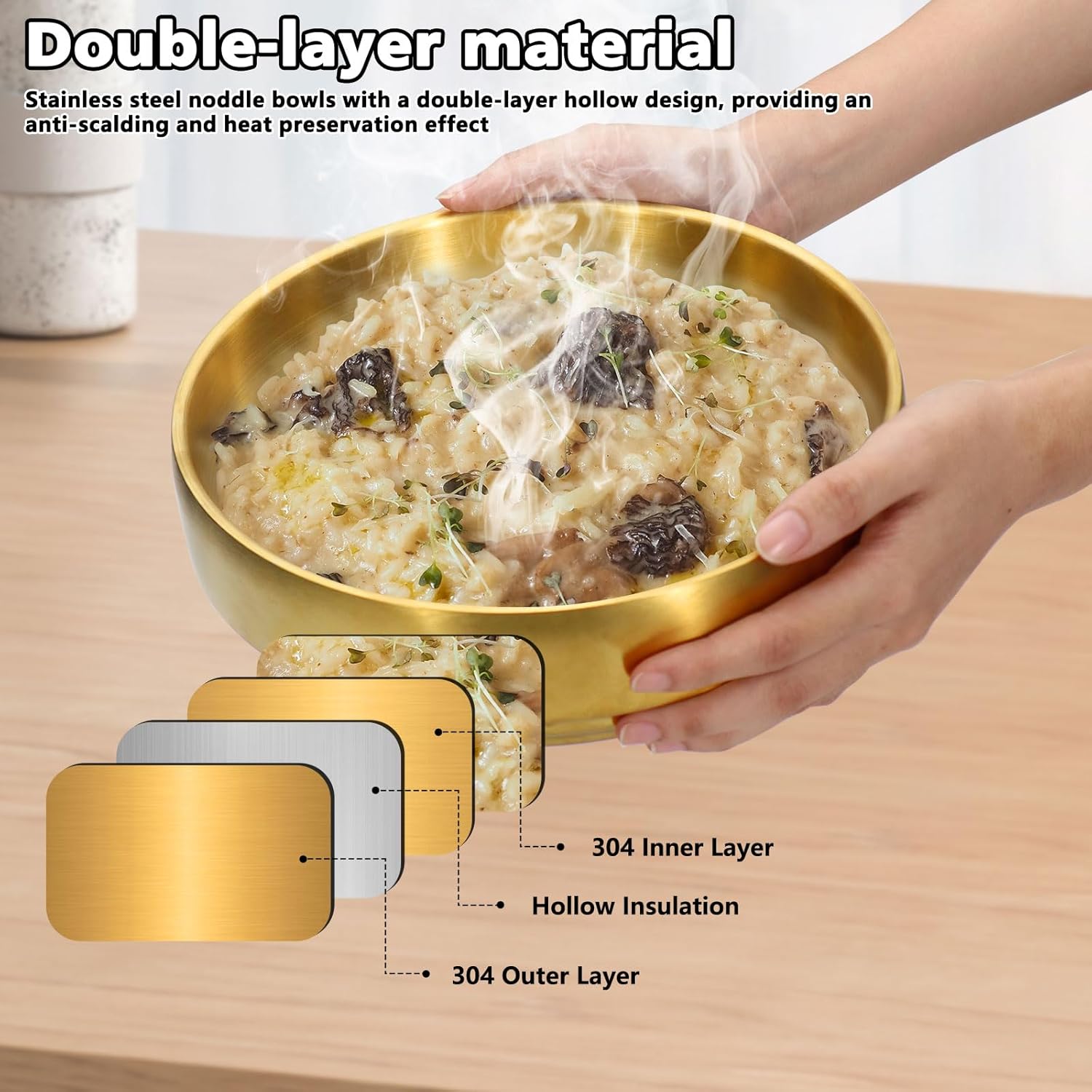 2Pcs 9" Gold 304 Stainless Steel Soup Bowl, 43Oz Deep Mixing Bowl, Double Walled Salad Container, Durable Ramen Rice Noddle, Insulated Sashimi Dish, Serving for Home Restaurant Buffet BBQ