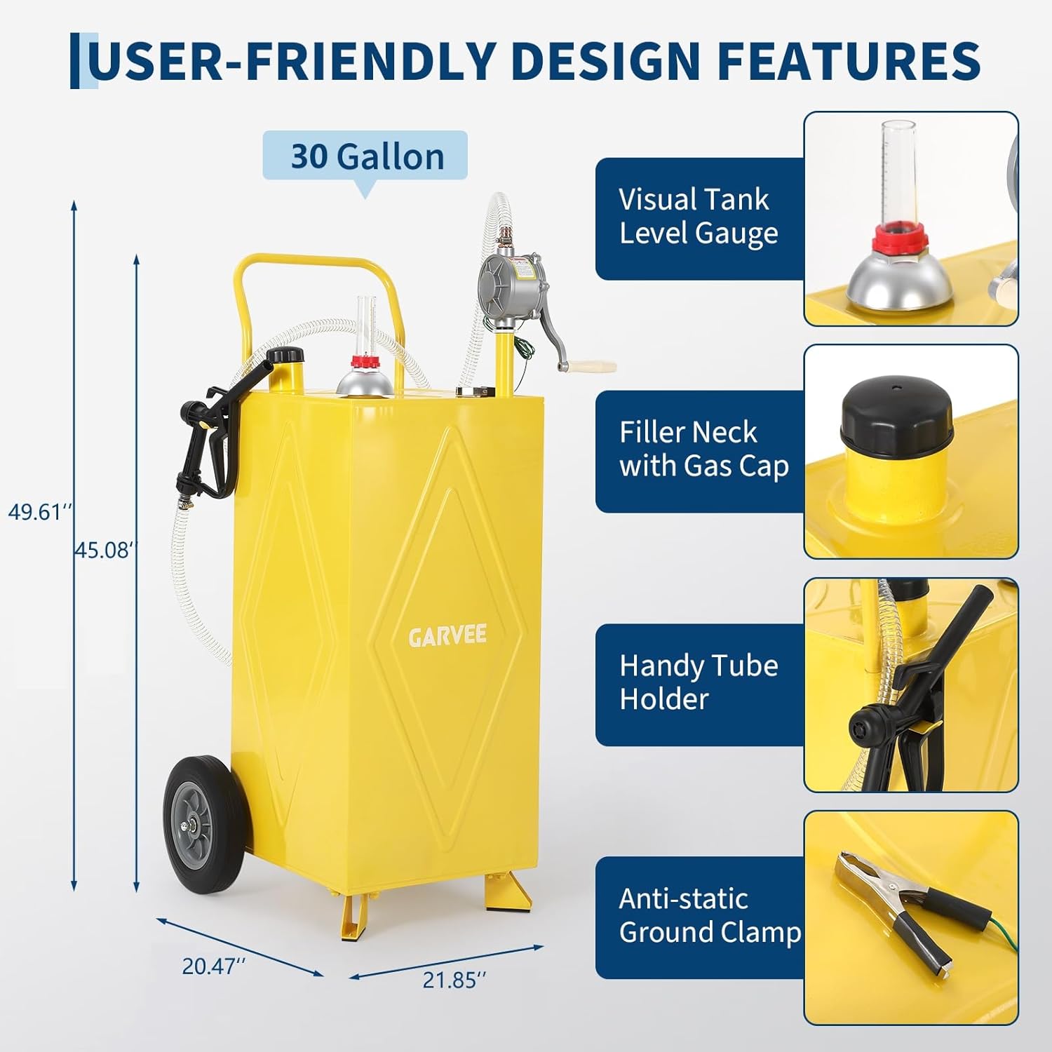 30 Gallon Fuel Gas Caddy Storage Tank, Rolling Portable Gas Caddy Fuel Transfer Tank w/ Wheels, Manual Crank Pump w/ Return Function, Fuel Hose, Vented Cap & Level Gauge, Grounding Clamp—Gasoline/Diesel for ATV, Mower, Tractor, Car, Boat