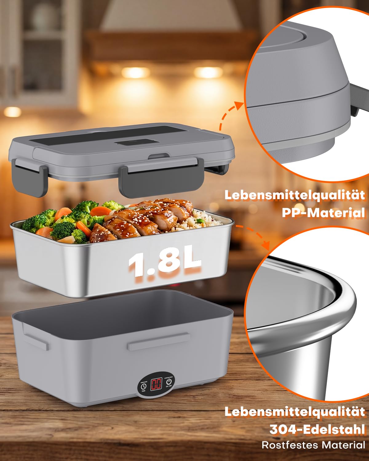 Elektrische Lunchbox 90W mit Timer, 1.8L Beheizbarer Thermo-Essensbehälter für Auto 12V/24V & Büro 110V/220V, Automatisches Ausschalten, Portable Heatbox für Essen unterwegs, Lunchbox Elektrisch