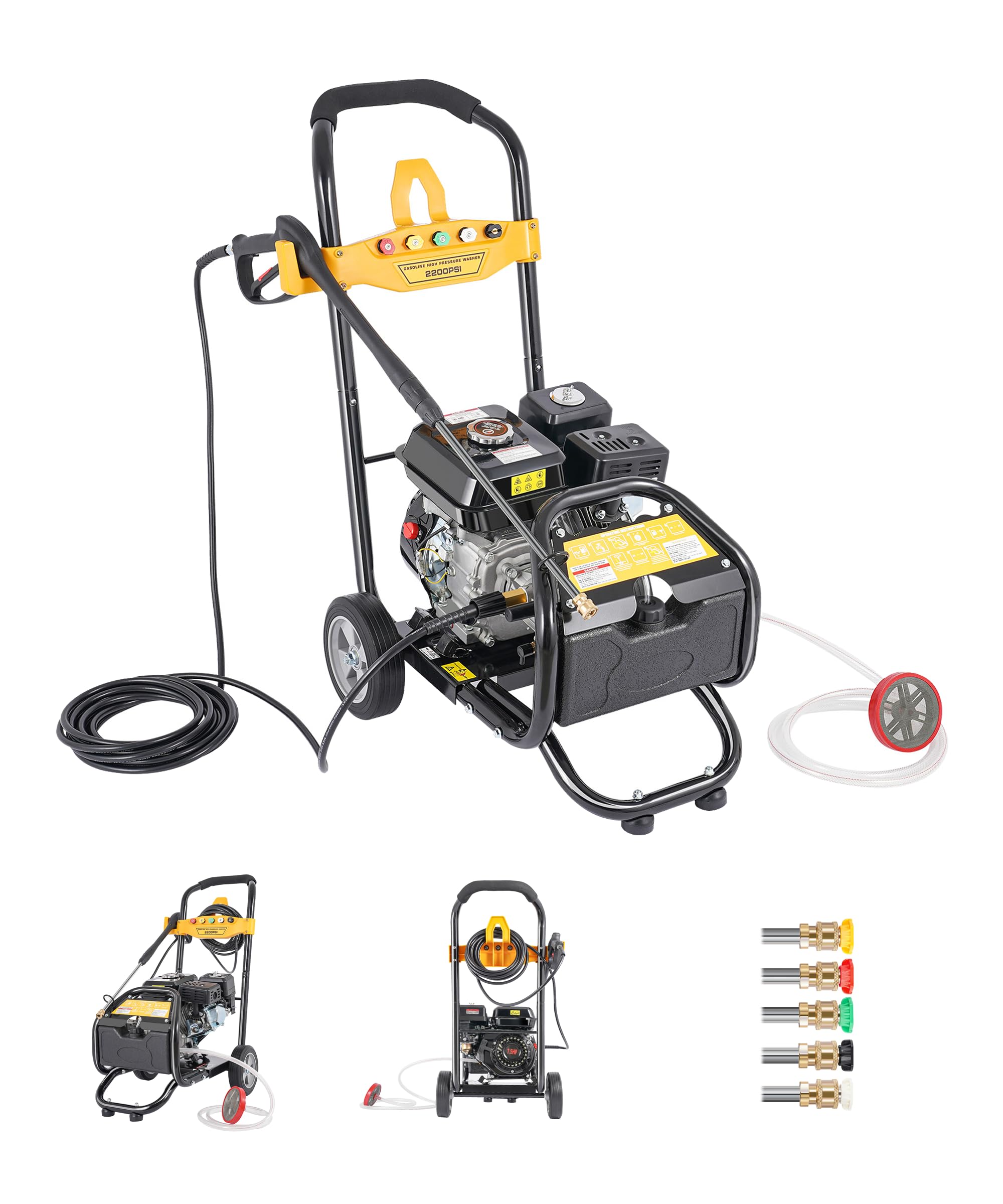 7,5 CV Hidrolimpiadora de explosión 4 tiempos 200 bar Hidrolimpiadora profesional portátil con 5 boquillas | Hidrolimpiadora Gasolina Auto Jardín Autocebante con tubo de 10 m | 3400RPM 9 LPM