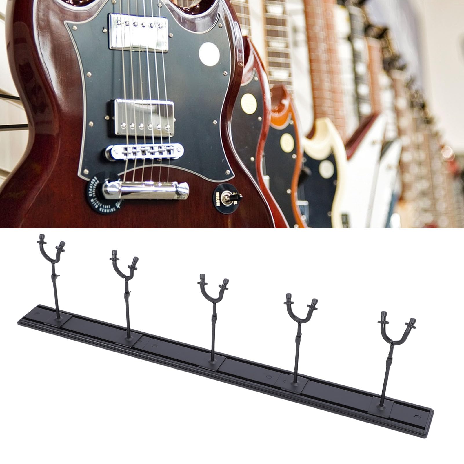 Guitar Wall Moint Stojak z 5 Regulowanymi Haczykami Wieszarnia Instrumentów Muzycznych dla Gitar Basów Wyświetlacz Oszczędzania Przestrzeni, Regulowane Haki Gitarowe Stal