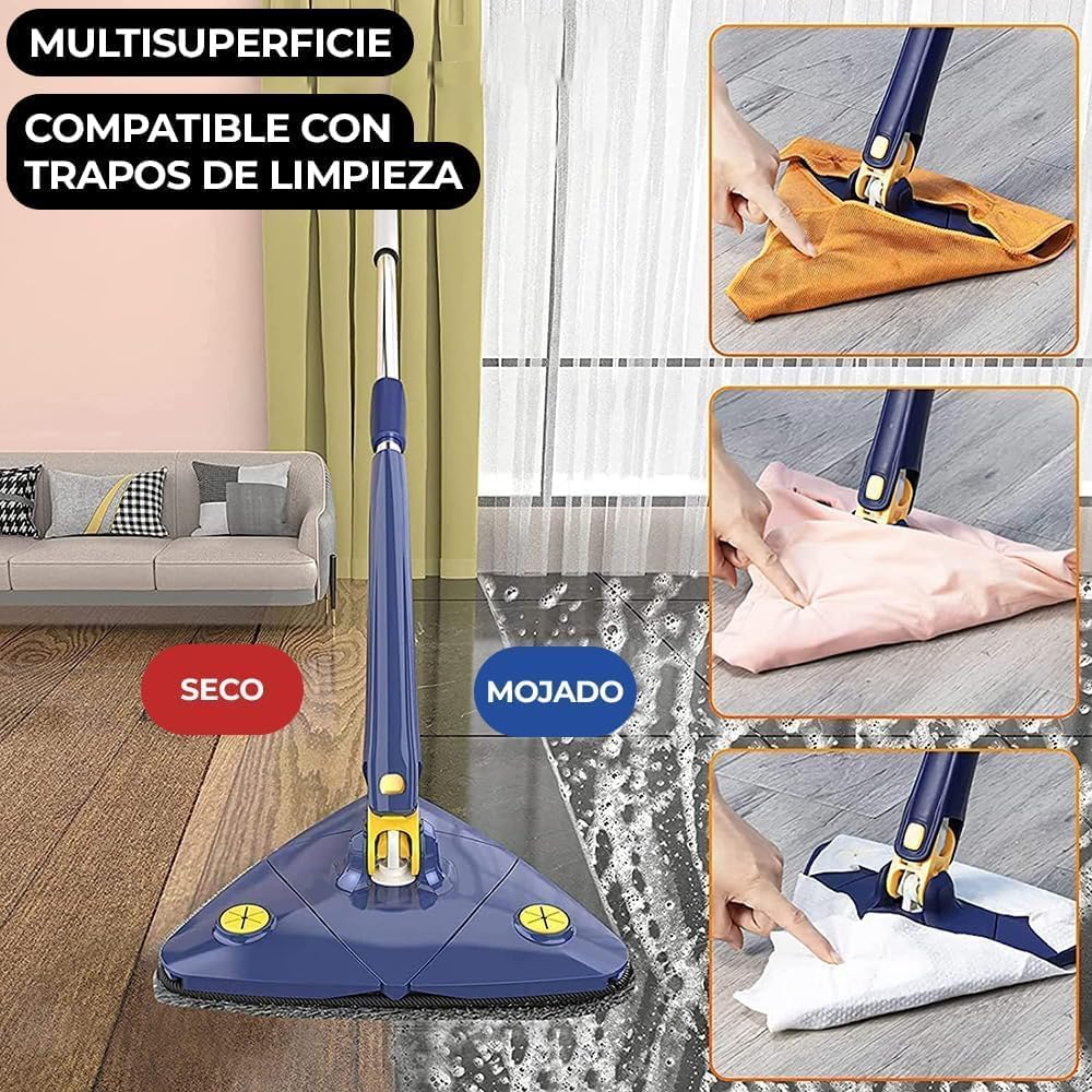 Mopa Triangular Giratoria 360 para Limpiar Suelos, Ventanas, Paredes, Techos y Muebles. Fregona Triangular Giratoria Microfibra, Función Autoescurrible, Incluye 2 Recambios
