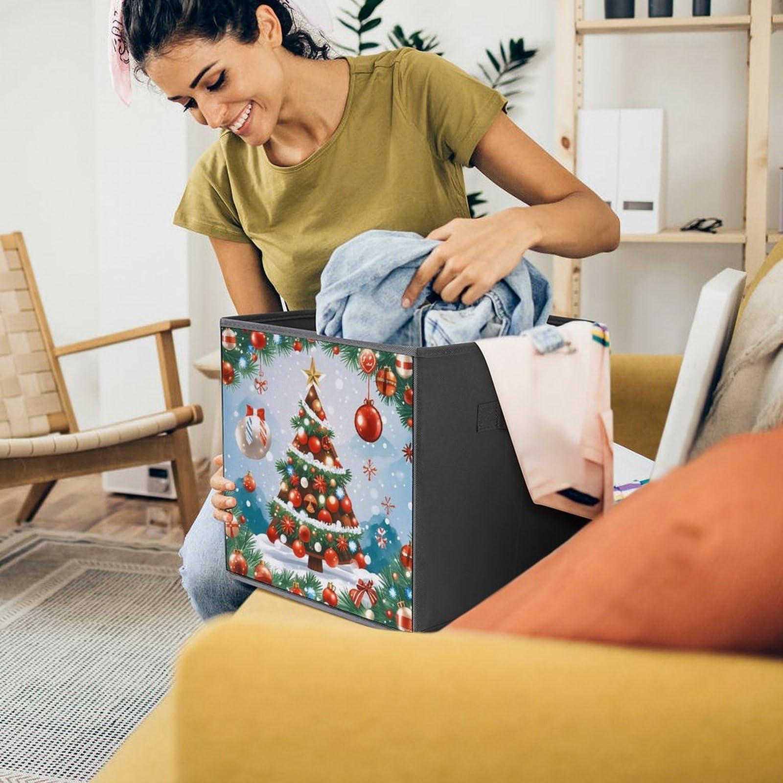 Aufbewahrungskörbe für Weihnachtsbaum, faltbar, dekorative Stoff-Aufbewahrungskörbe für die Organisation von Heimorganisatoren mit Griffen, große Stoff-Aufbewahrungskörbe für Regale für