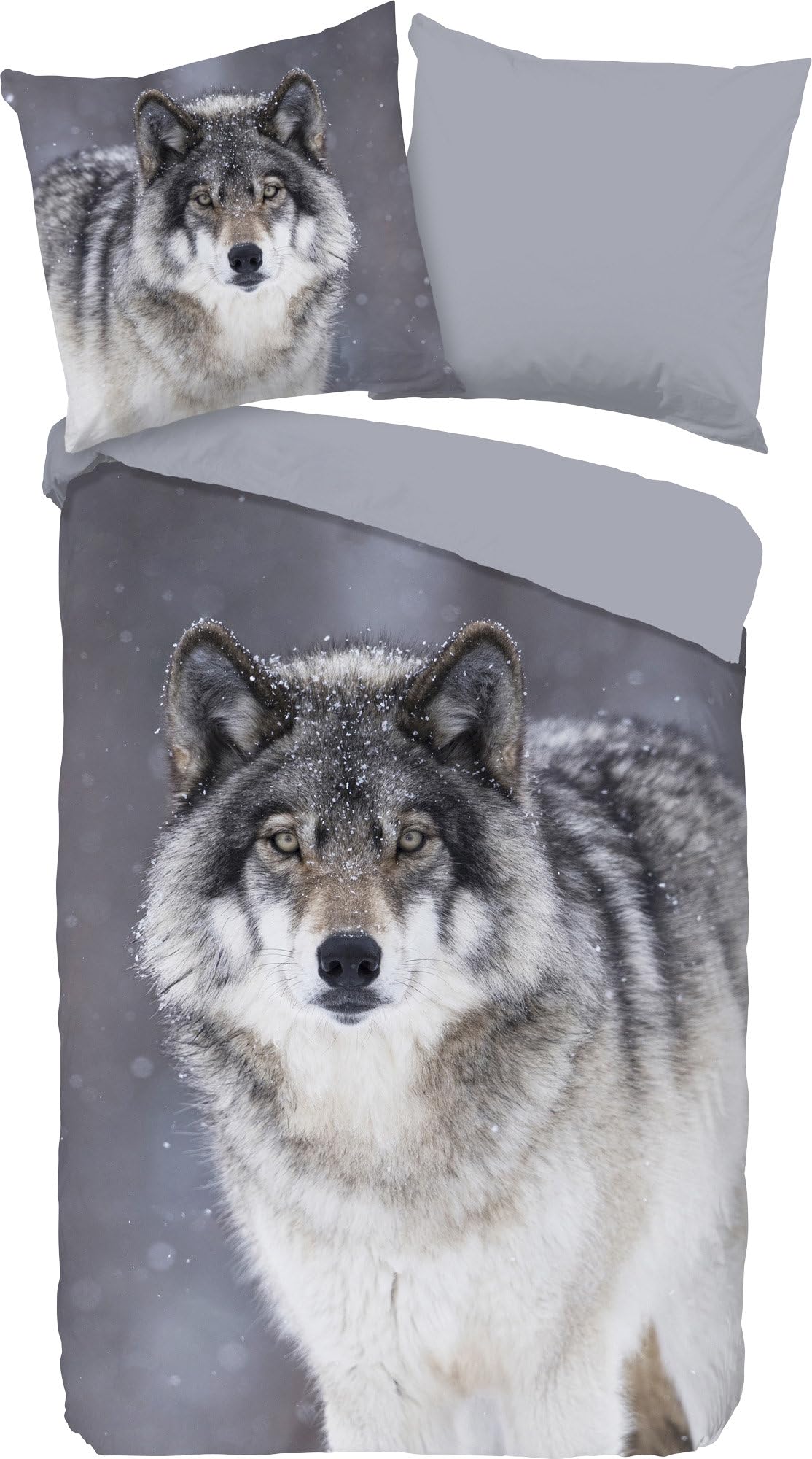 Good Morning Wolfie Reversible Bed Linen Flannel Grey Size 1 x 155 x 220 cm + 1 x 80 x 80 cm