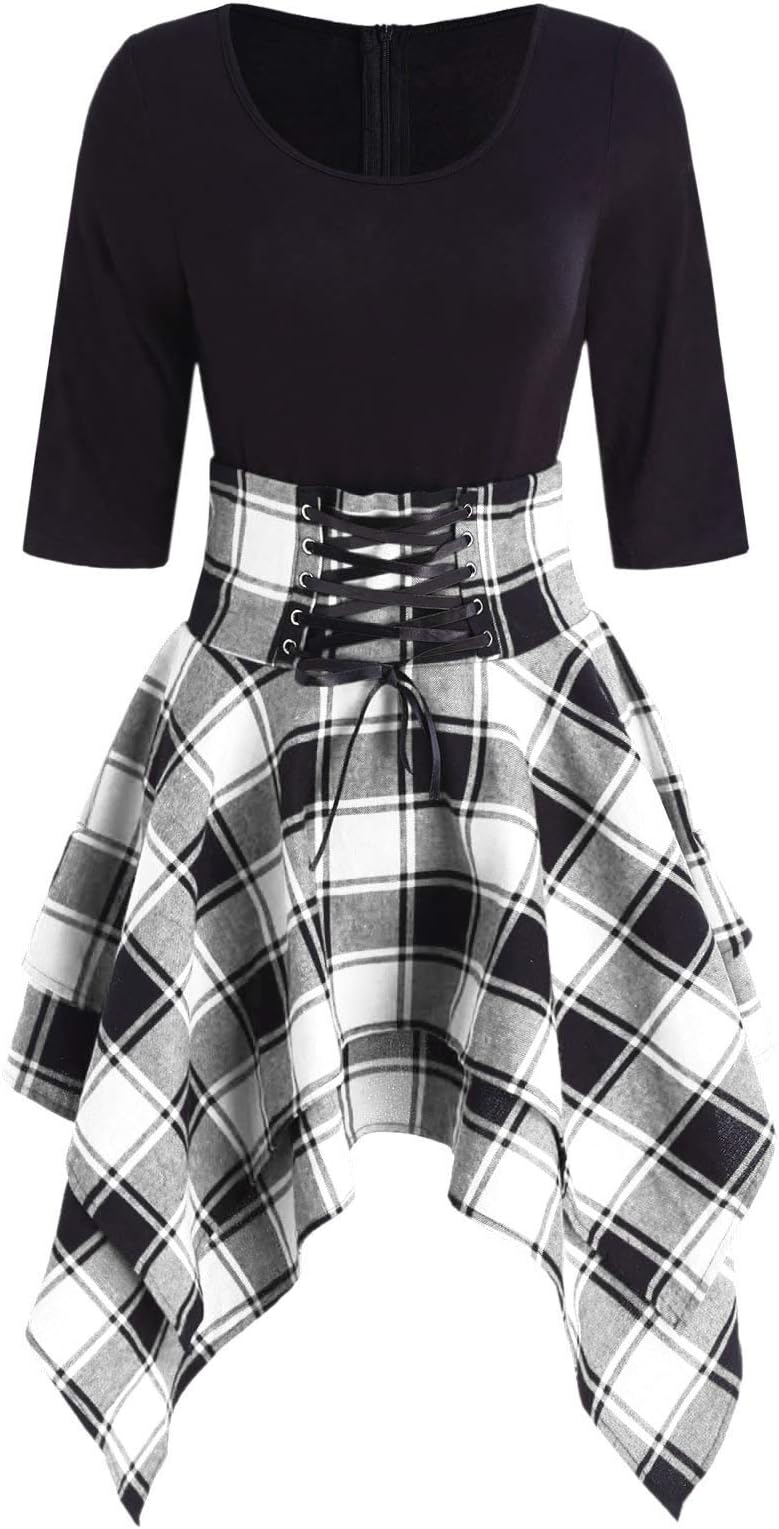 ZEZCLO Women's Half Sleeve Round Collar Plaid Lace Up Asymmetrical Blouse Tartan Dress