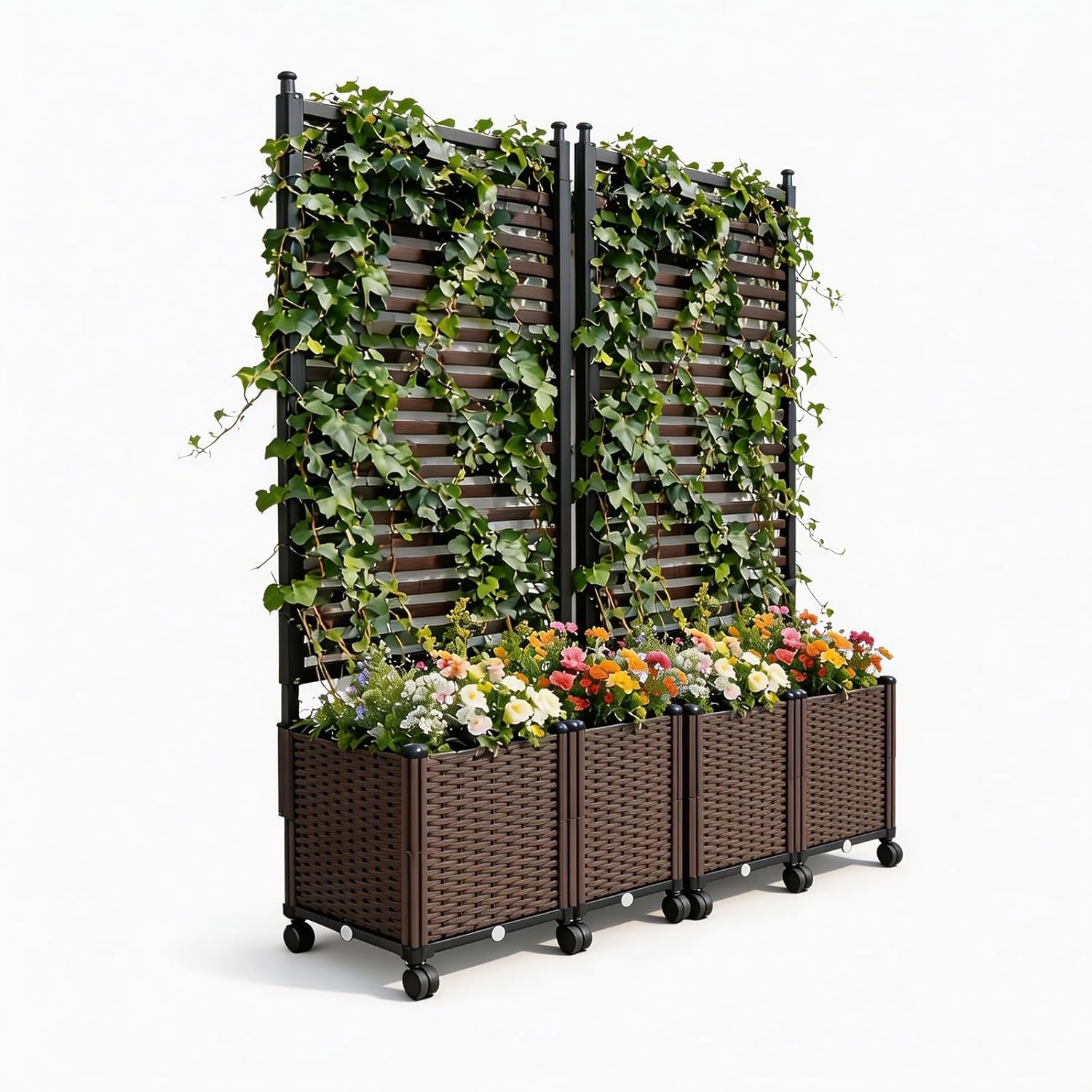 BorealBear 2pcs Raised Garden Bed with Trellis and Planter Box, Brown Wicker, Mobile with Wheels, Indoor Outdoor Use