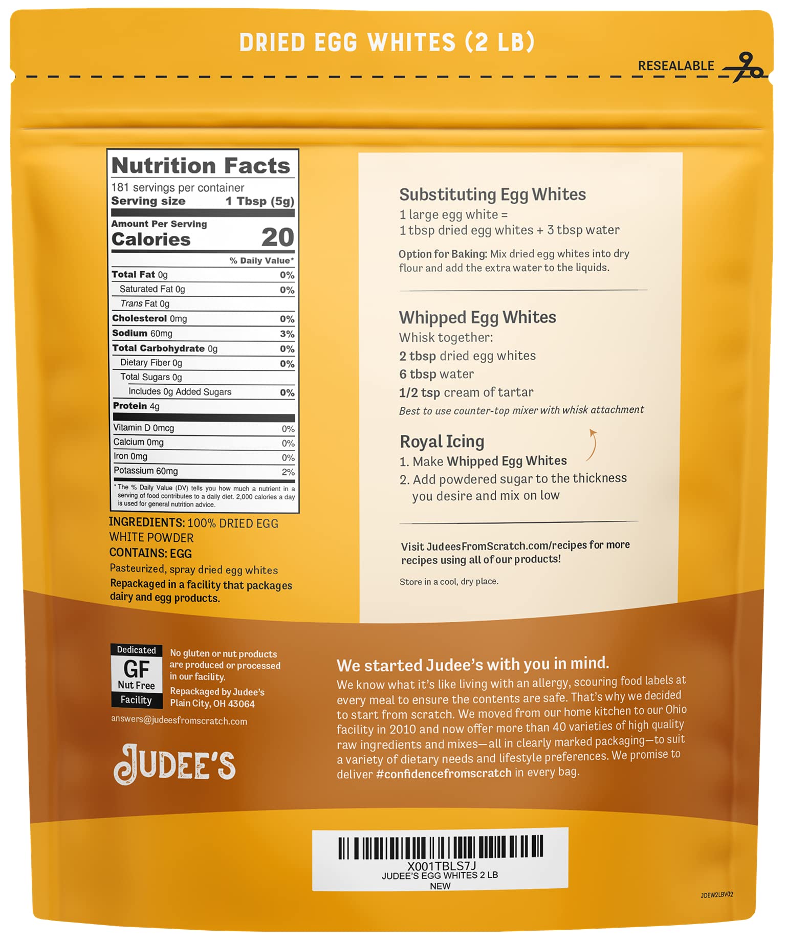 Judee’s Dried Egg White Protein Powder 2lb Pasteurized, USDA