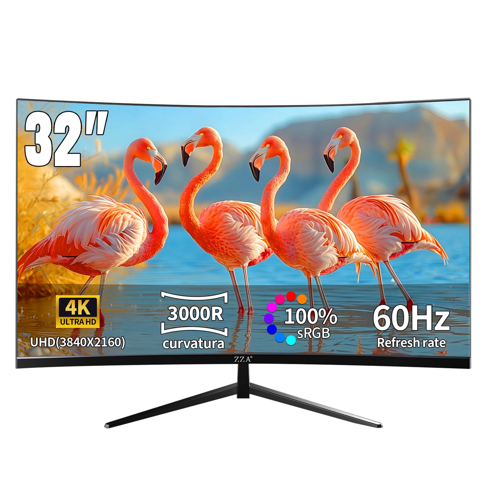 ZZA Monitor curvo UHD 4K de 32 polegadas (3840 x 2160), VA, taxa de atualização de 60 Hz, 100% sRGB, sincronização adaptável, ângulo de visão de 178°, HDMI/DisplayPort, compatível com montagem VESA