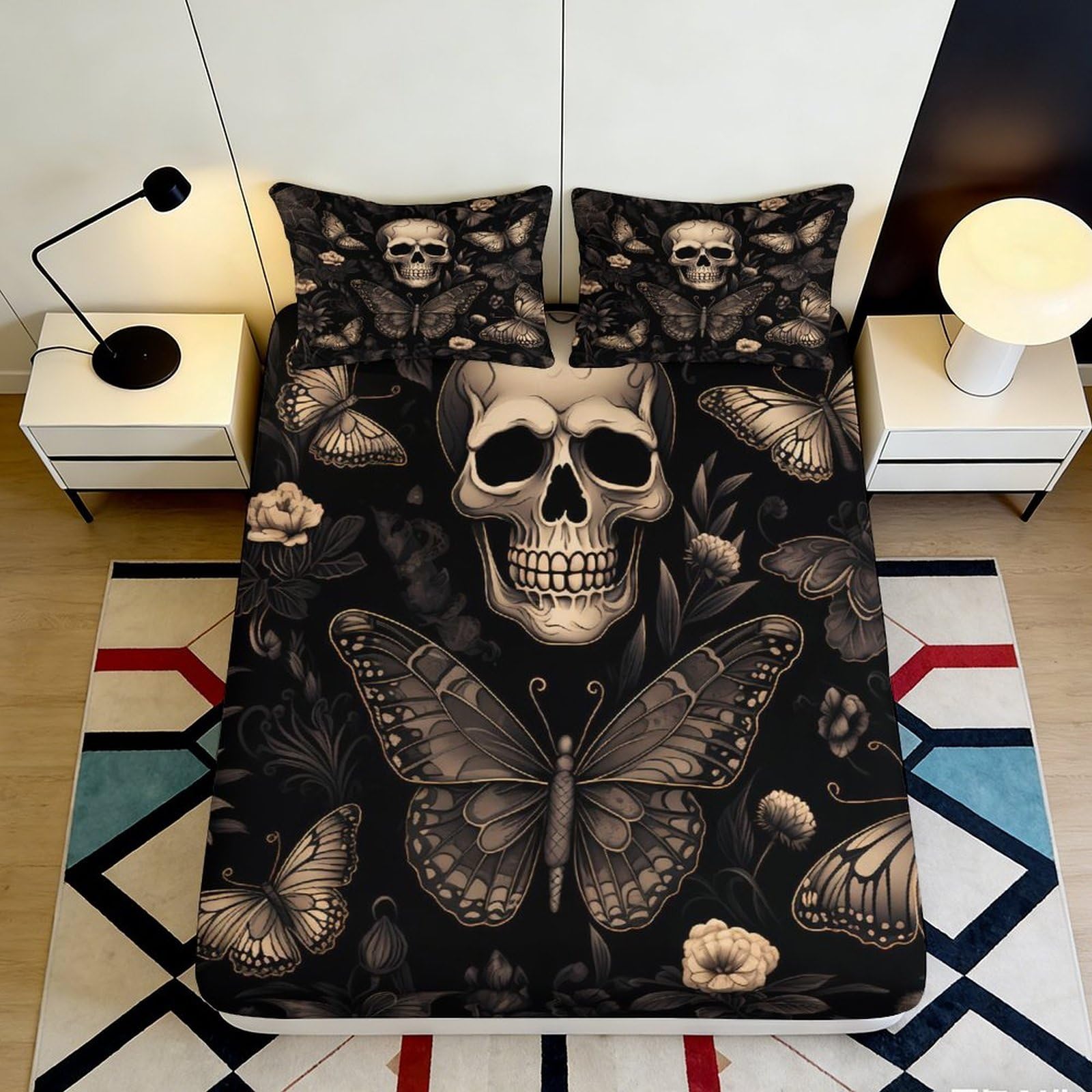 3D Printed Skull Butterfly Fitted Sheet Microfiber Soft Breathable Gothic Bed Cover for Bedroom Dormitory Guest Room Mattress Protection Decor 200x200x25cm