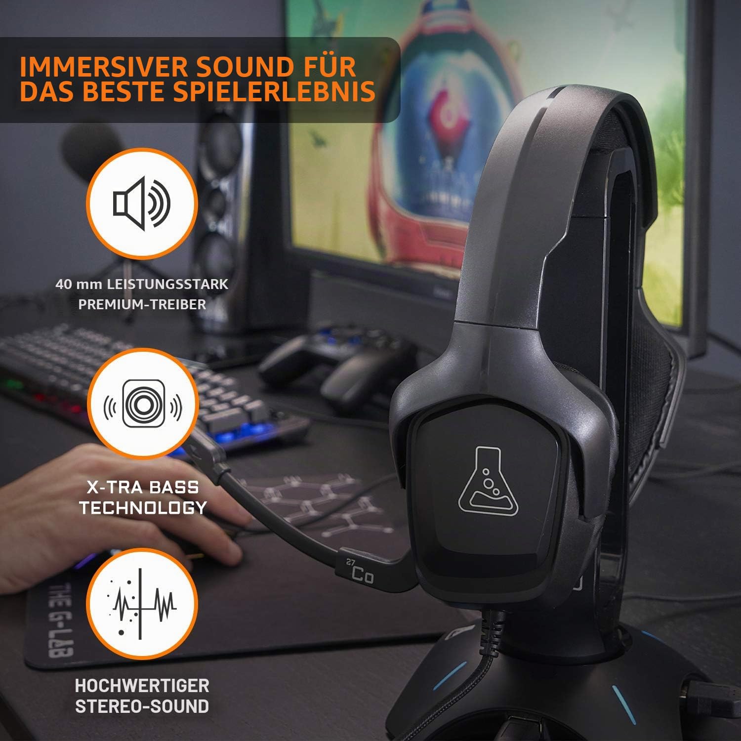 THE G-LAB Korp Cobalt Gaming Headset - Stereo Mikrofon, Ultraleicht, Ultra Bass Stereo Headset - 3,5 mm Klinke für PC PS4 PS5 Xbox One Mac Nintendo Switch Tablet Smartphone (Schwarz)