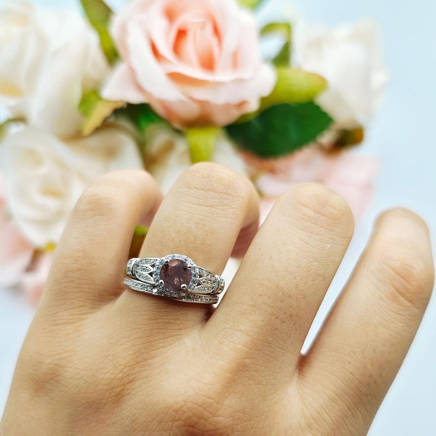 OMRANII Art Deco Ring Round Natural Chocolate Smoky Quartz Cubic Zirconia Promise Ring Two Piece Bridal Wedding Set Engagement Rings For Women 925 Sterling Silver Gifts For Her