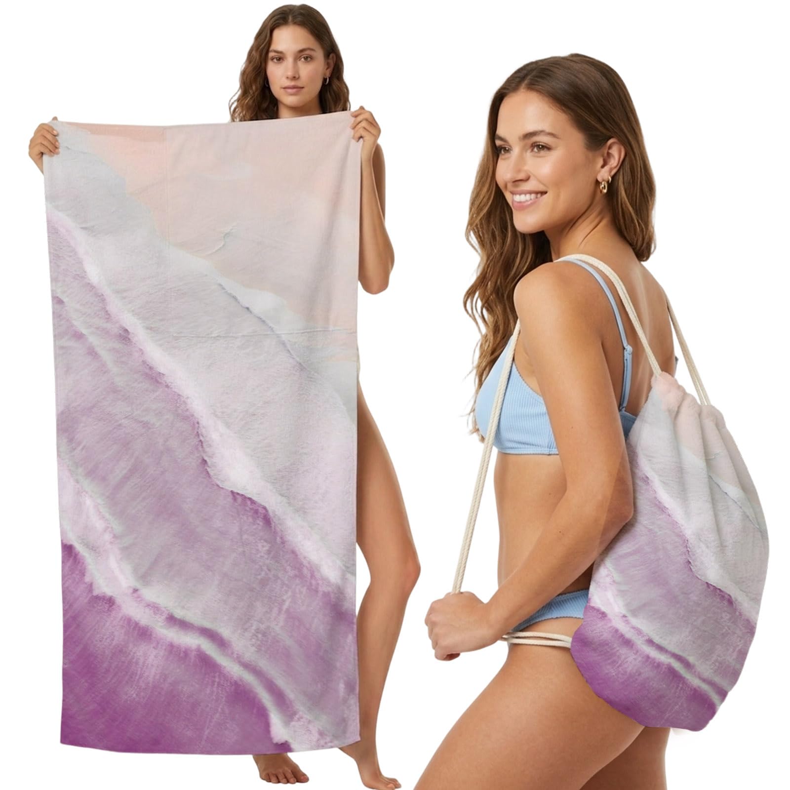Beach Towel Bag 2 in 1 Pink Ocean Waves Bath Pool Towels Backpack Ombre Beach Spray Absorbent Beach Towel Soft Quick Dry Lightweight Packable Towels Drawstring Bag for Travel Camping Sports Picnic