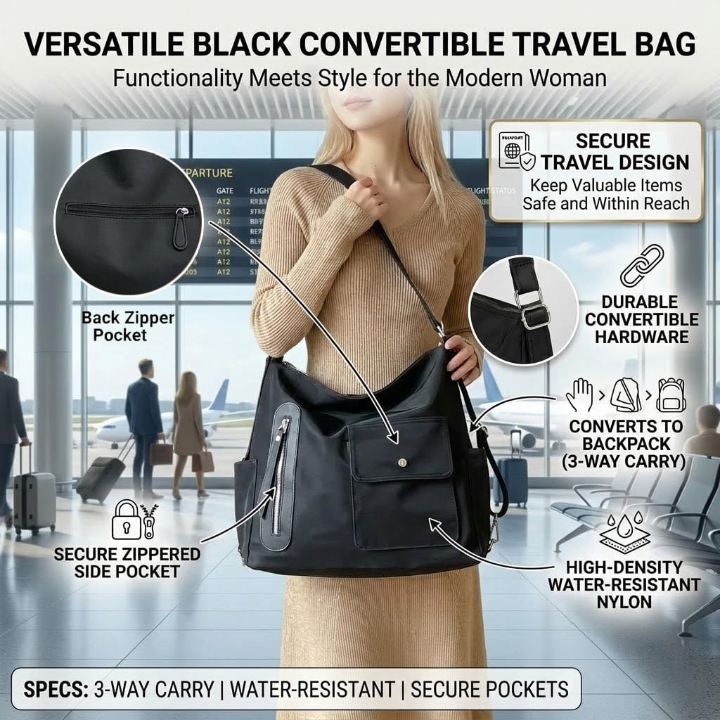 3-in-1 Convertible Backpack & Hobo Bag, PU-Coated Waterproof Nylon Y2K Purse, Fits 13" Laptop for Women, Travel Work