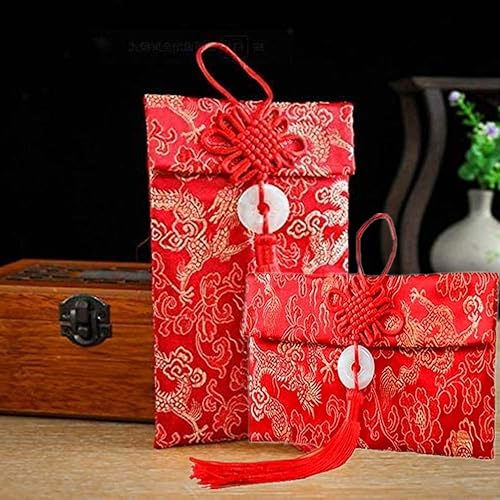 Miniatura 5 de 2 sobres rojos de seda con elementos chinos, bolsillos para dinero rojo chino para boda, Año Nuevo, (DuoGo-079)