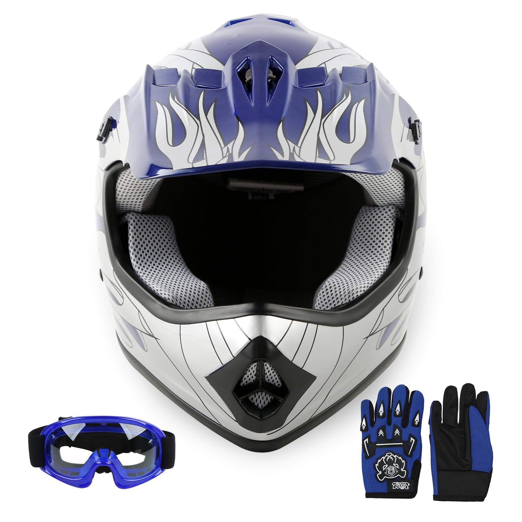 SLMOTO DOT Youth & Kids Motocross Offroad Street Helmet Blue Flame Motorcycle Youth Helmet Dirt Bike Motocross ATV Helmet+Goggles+Gloves Medium