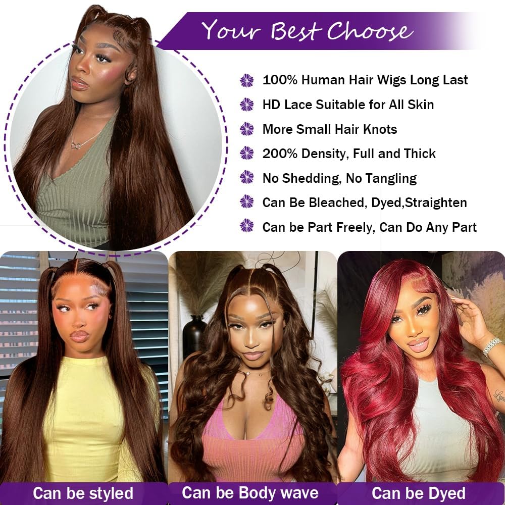 30 Inch Brown Human Hair Wig Chocolate Brown Human Hair Wig 200% Density 13x6 Transparent HD Straight Lace Front Wigs Human Hair Pre Plucked With Baby Hair Colored Frontal Wigs Brown Wig