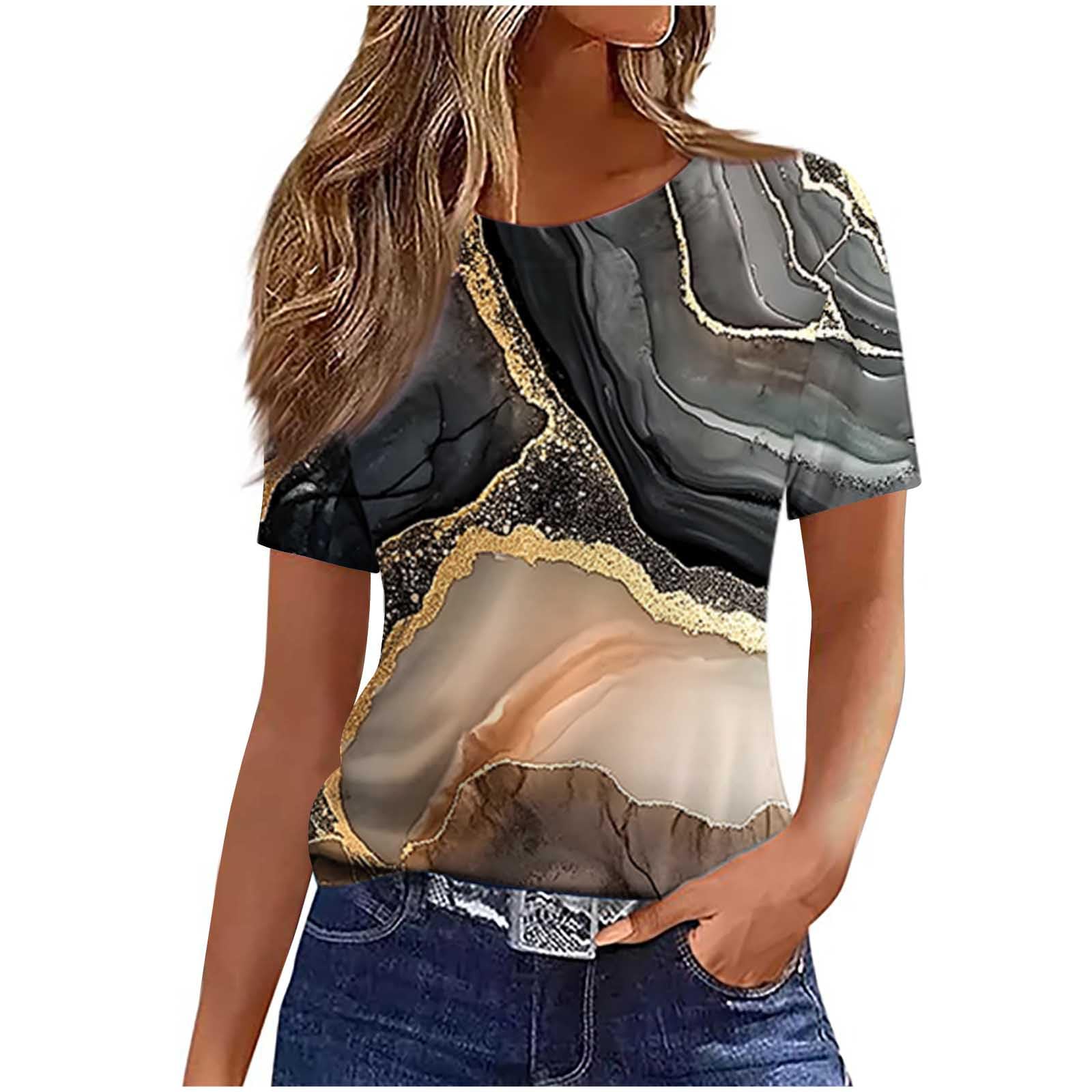 Womens Summer Short Sleeve Tops Retro Cute Graphic Tees Casual Crew Neck Work T Shirts Dressy Beach Tunic Blouses