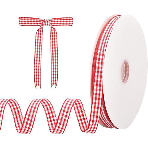 Dynoro Red and White Gingham Ribbon, 3/8IN x 50Yd - Elegant Thin Red Checkered Ribbon for Christmas Gift Wrapping, DIY Crafts and Hair Accessories, Polyester Woven Edge for a Classic Touch