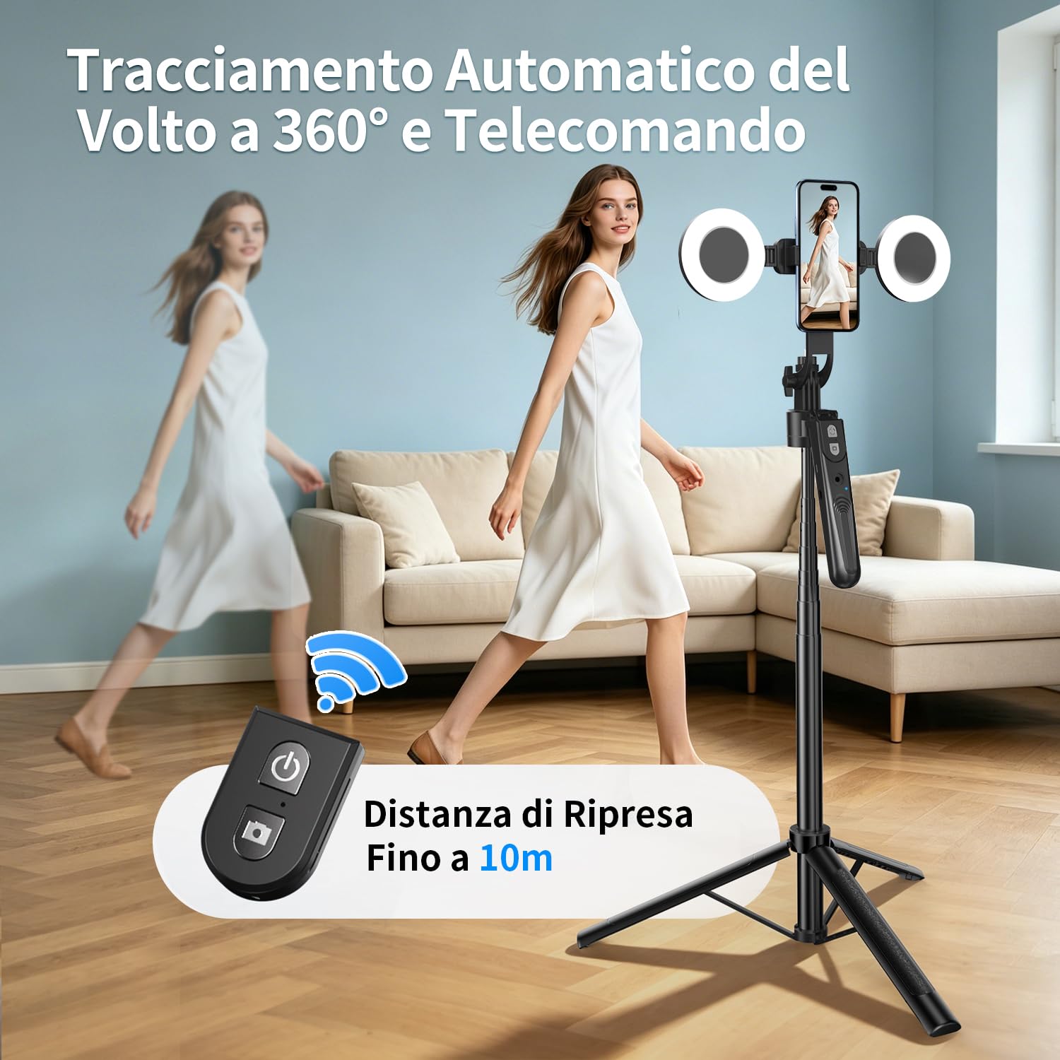 yAyusi Automatico Volto Rilevamento Treppiede con Luce, Senza App, 360° Rotazione 180cm Treppiede per Telefono con Sensore di Movimento, Supporto per Telefono con Doppie Luci per Vlog/Video/Stream