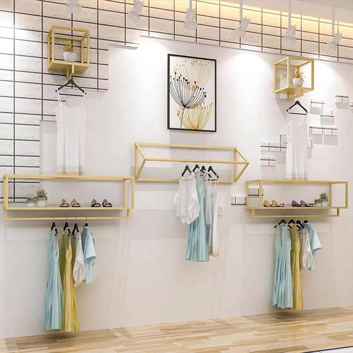 Wall-Mounted Metal Garment Rack in Boutique Clothing Stores Display,Clothes Storage Shelf in Home,Towel Holder for Bathroom,Potted Plant Organization (Gold, 11.8" L)