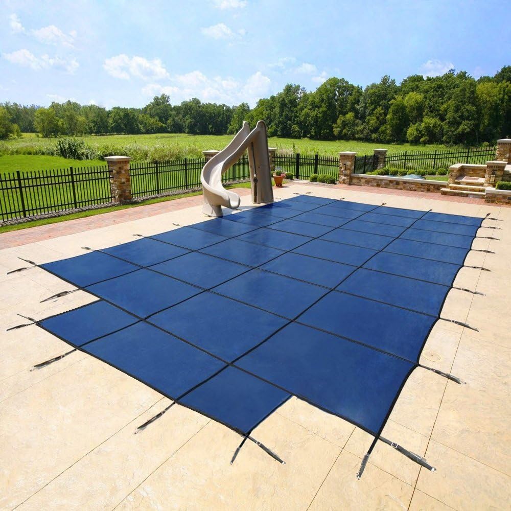 16'x32' Blue Mesh - CES Rectangle Inground Safety Pool Cover - 15 Year Warranty - 16 ft x 32 ft In Ground Winter Cover with 4'x8' Center End Steps