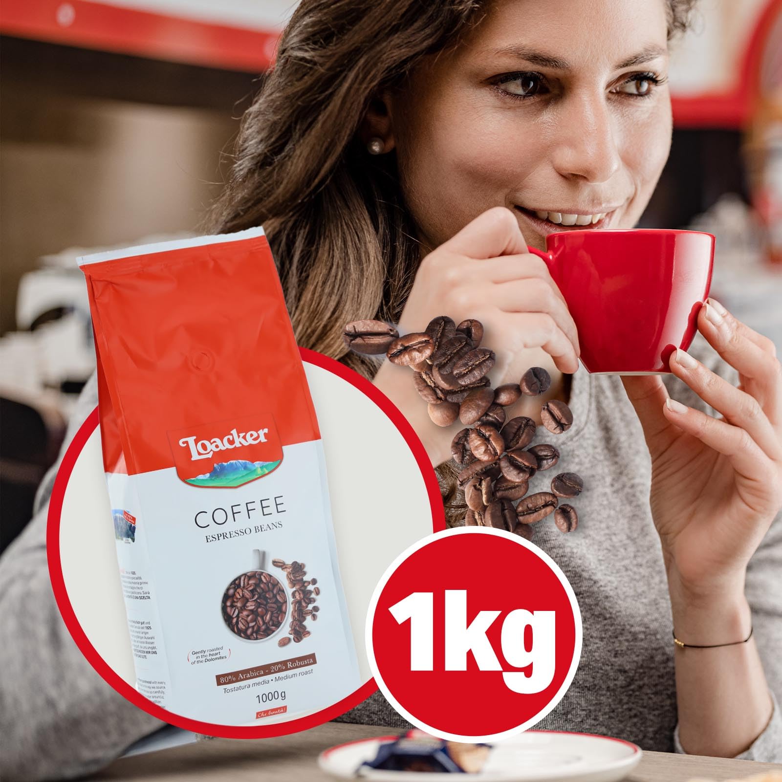Loacker Caffè in Grani con Miscela di 80% Arabica e 20% Robusta, Ideale per Macchina Caffè e per Macinacaffè Elettrico, Aroma Intenso, 1 Confezione da 1kg