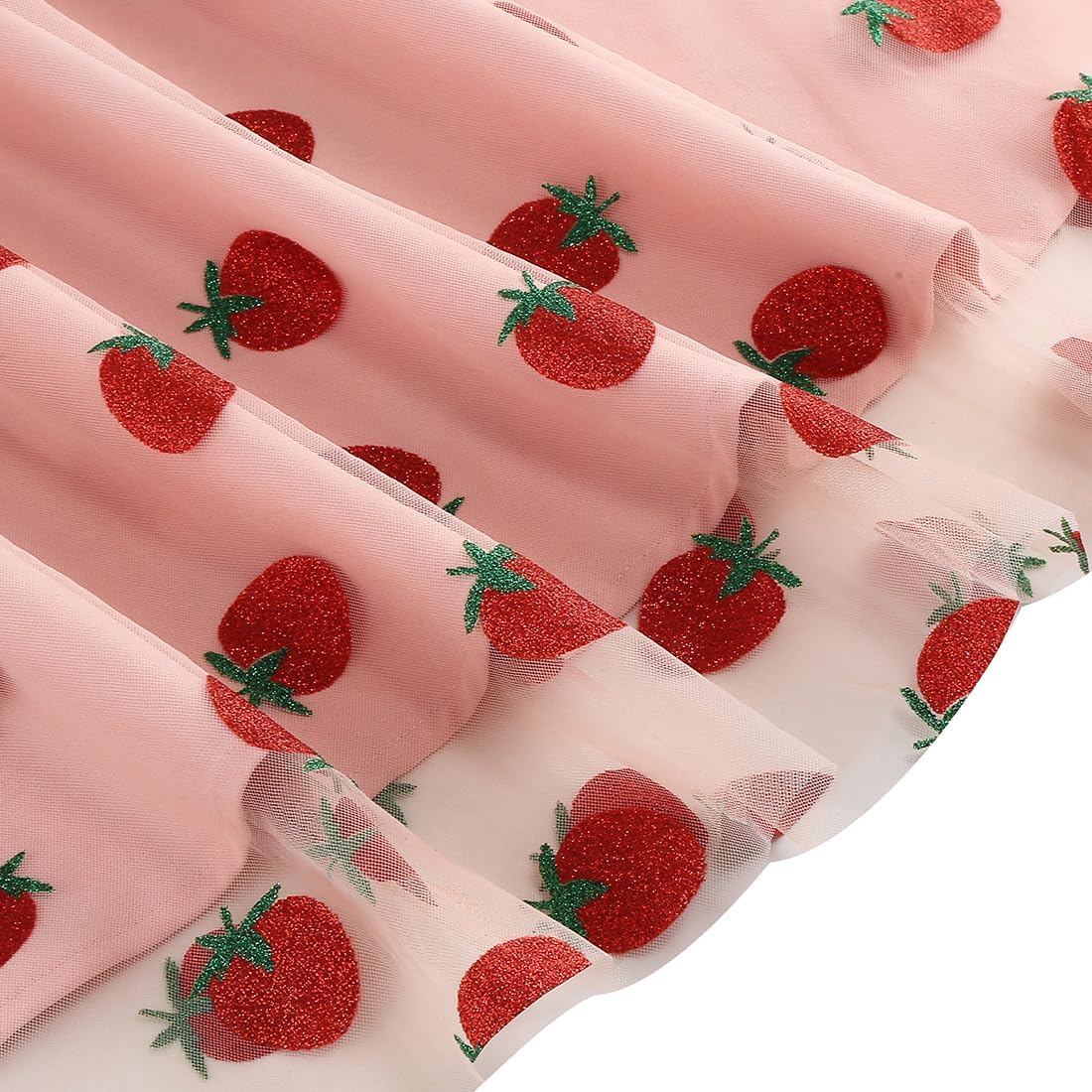 Pink Strawberry Dress - Women's Cute Tulle Summer Prom Dress - Short, Shiny Strawberry Print Vintage Formal Homecoming Tulle Embroidery Dress - XL - Image 5