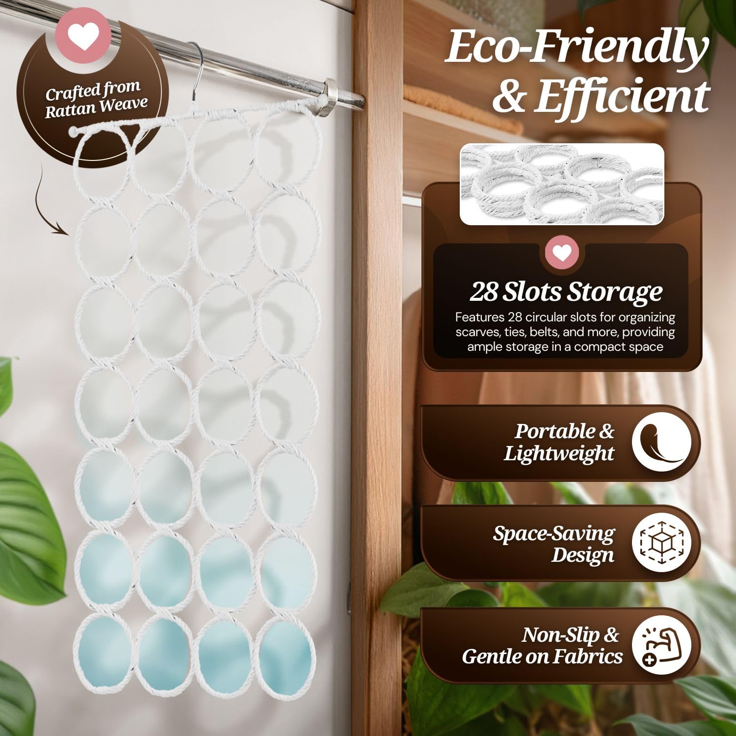 Flexzion Appendiabiti per Sciarpe Hanger - 28 Cerchi/Spazi Attaccapanni Organizer Multifunzionale Anello in Rattan Armadio Grucce Porta Abiti Design Accessori Cravatte Cinture Casa (Bianco)