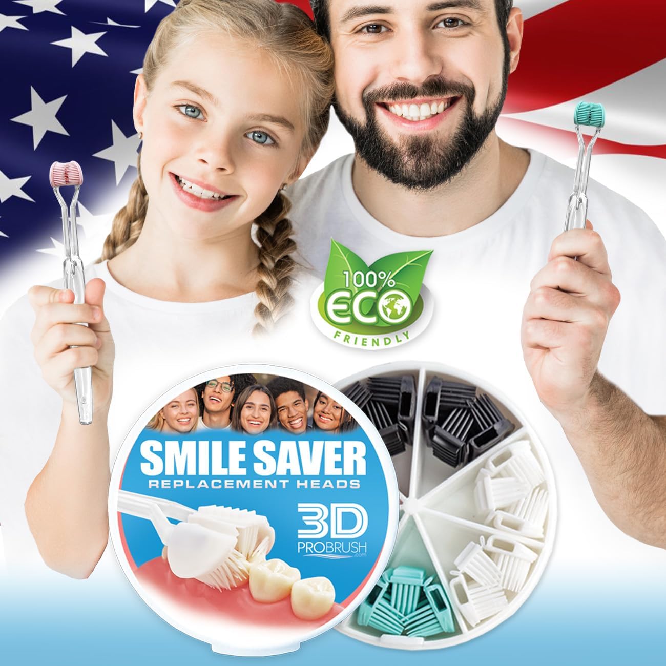 Smile Saver 360° 3-Sided Toothbrush + 7-Pack Eco Replacement Heads | N3XT Level Clean | 360 Gum Massage 3X Triple FL3X Design Soft Tongue Scraper Sensory Kids Oral Health Care Travel Three Made in USA