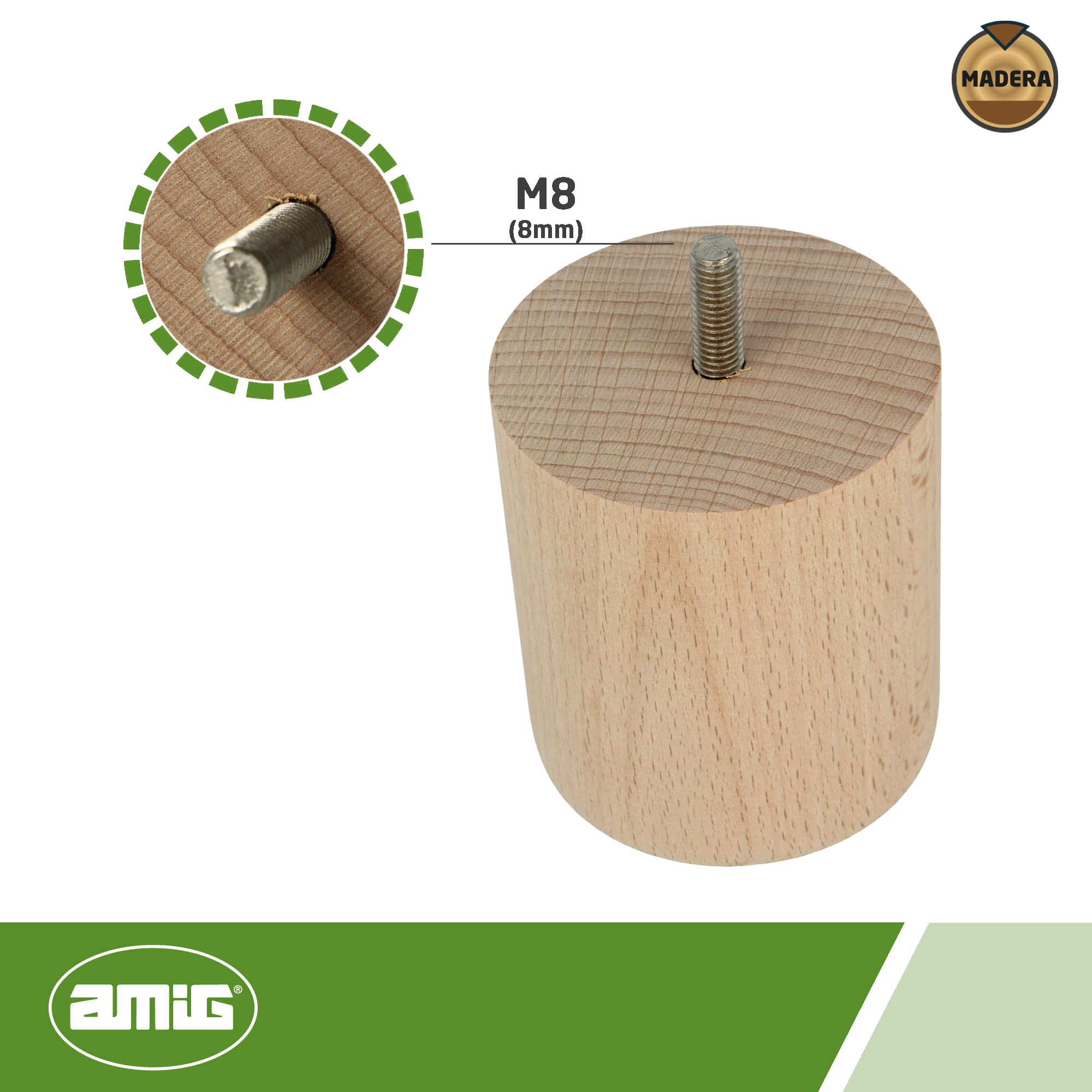 amig - Okrągła nóżka do mebli, Naturalnie wykończona drewniana nóżka, zapasowe nogi do sof, łóżka, stoły, mocowanie: Metric 8 trzpień, pomiary: 68 x 80 mm