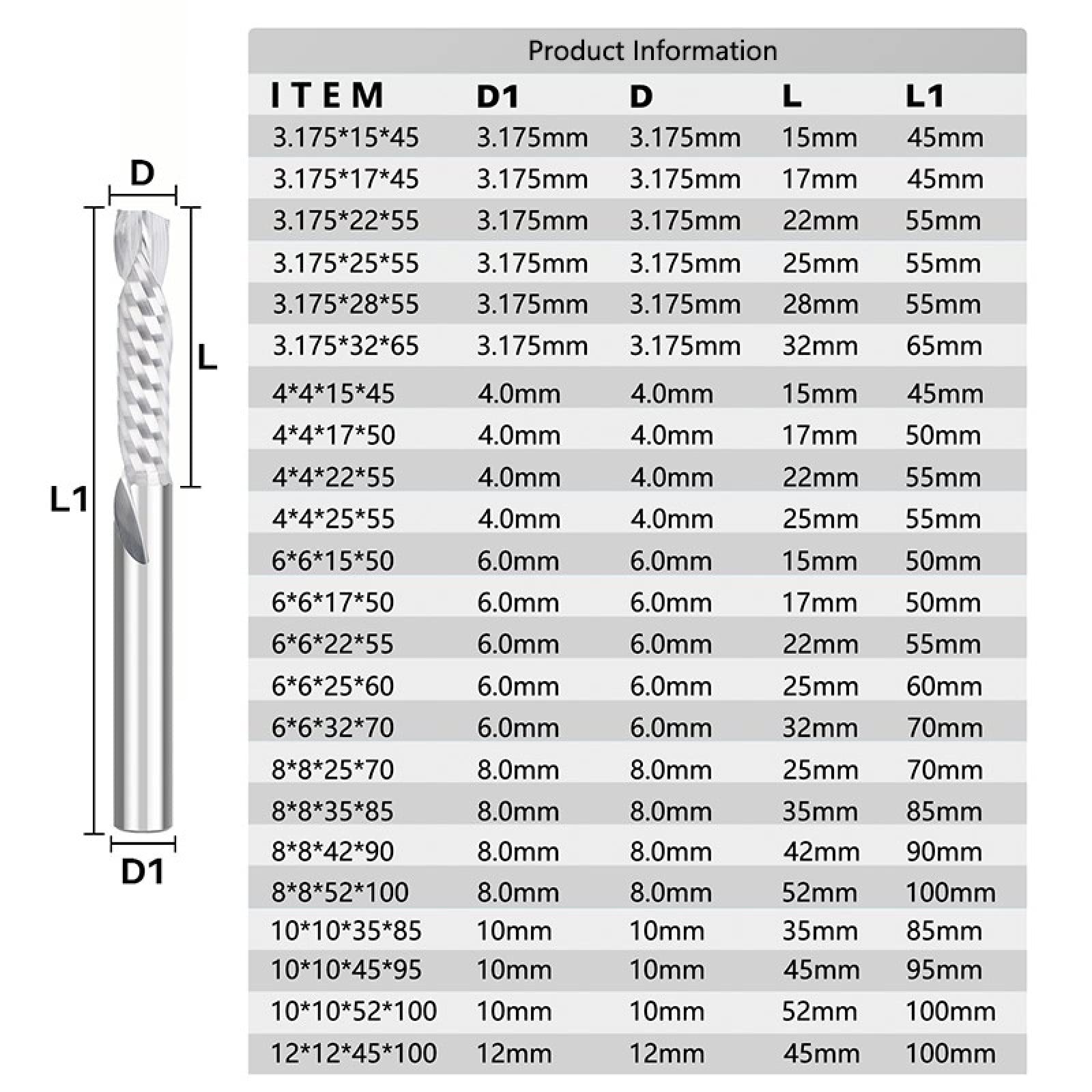 Frez UP- und DOWN-Cut, 1 rowek, spiralny frez z twardego metalu, 12 x 45 x 100 mm