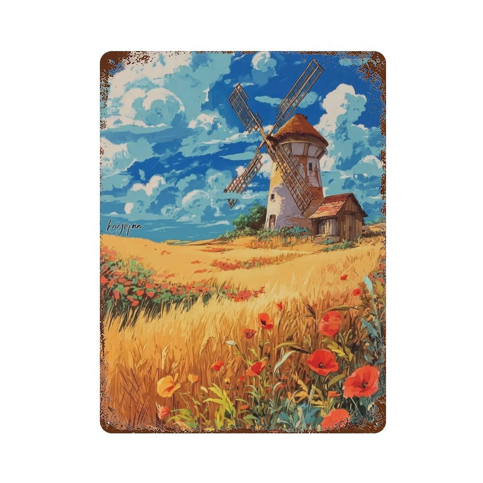 Windmill in Golden Field Weathered Tin Sign 15.7"x11.8", Decorative Metal Wall Art for Garage, Bar And Workshop Decor