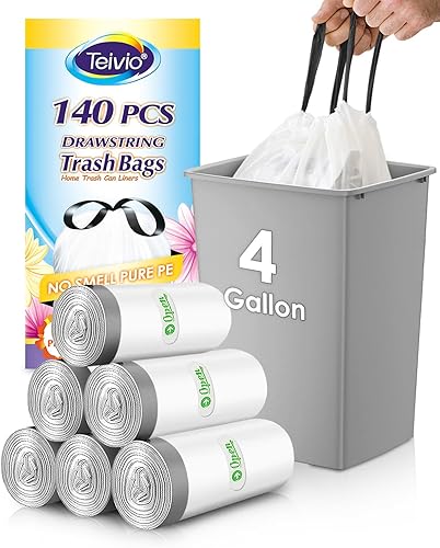 Miniatura 8 de Bolsas de basura con cordón de Teivio, 1.6 galones, 120 unidades, bolsas de basura resistentes, tamaño mediano, para papeleras de cocina y baño,