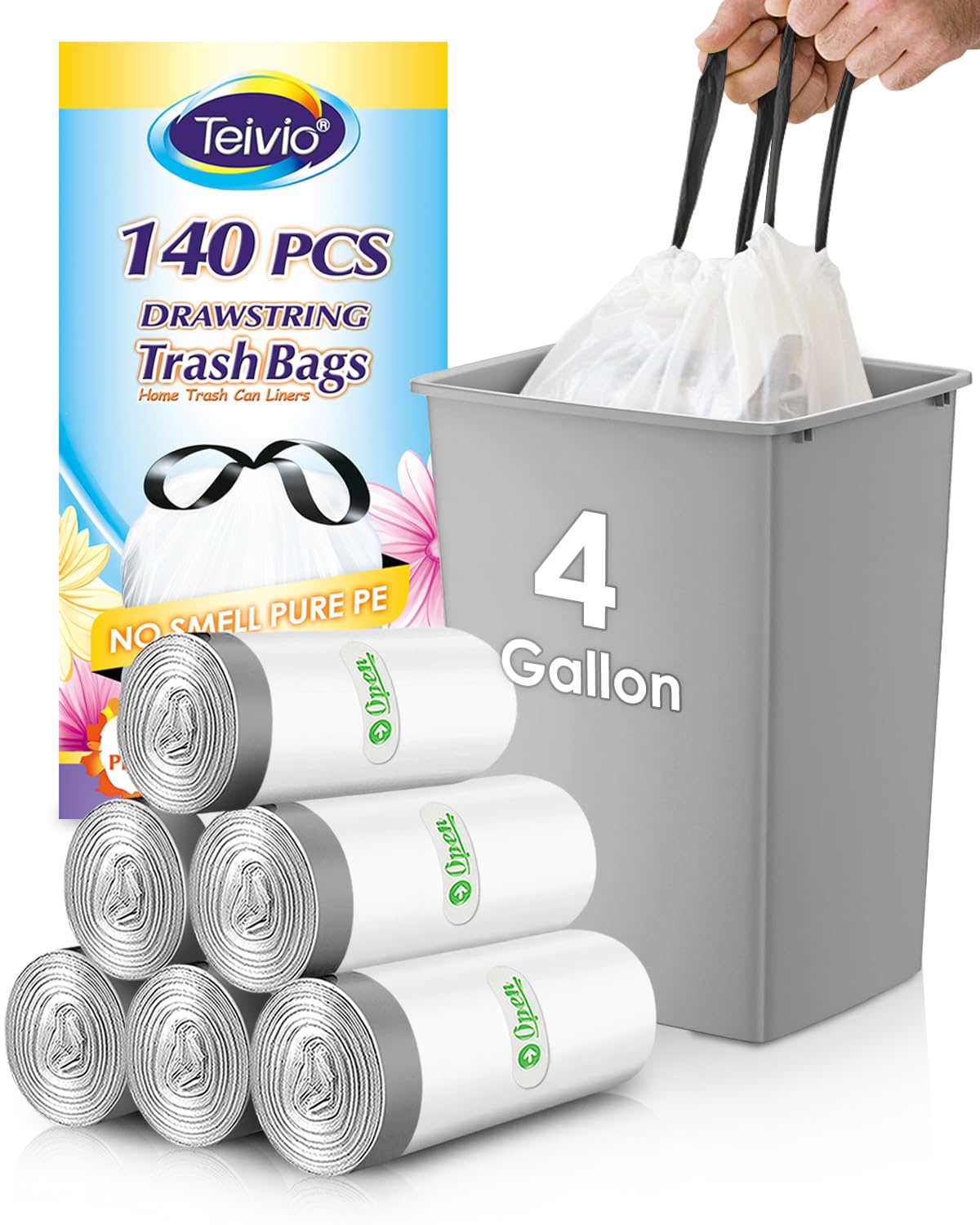 Teivio, bolsas de basura con cordón fuerte de 4 galones, bolsas de basura de 120 unidades, bolsas de basura de baño, bolsas de plástico pequeñas para oficina en casa, cocina, color blanco