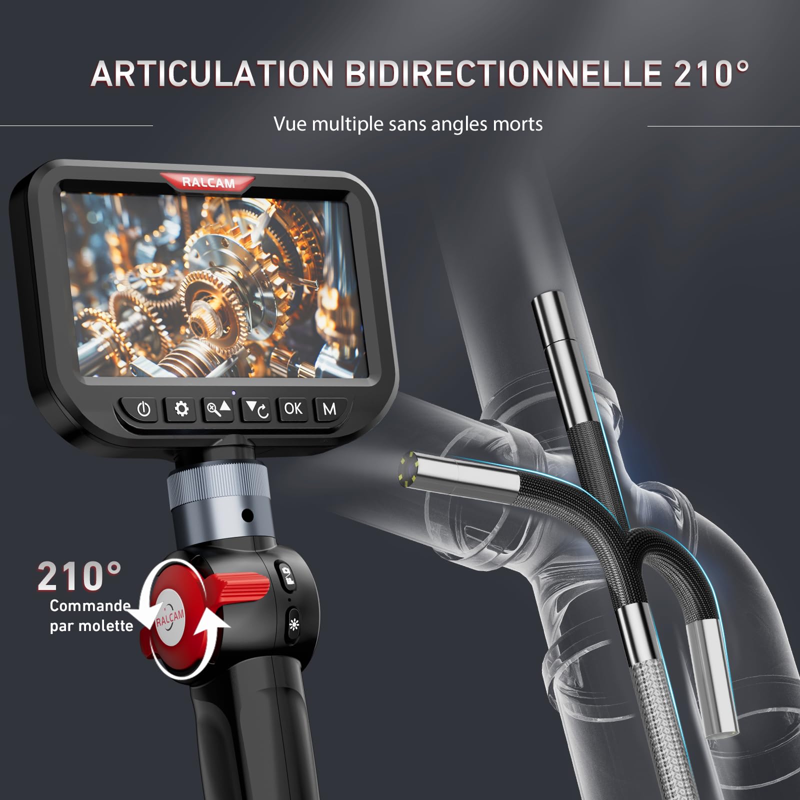Ralcam Caméra Endoscopique avec Lumière, Tête Rotative à 210°, Sonde 3.9 mm, Écran HD 5", IP67 Étanche, Câble Serpentin en Acier INOX 1,5 m, Caméra d’Inspection pour Voiture, Tuyaux et Maison