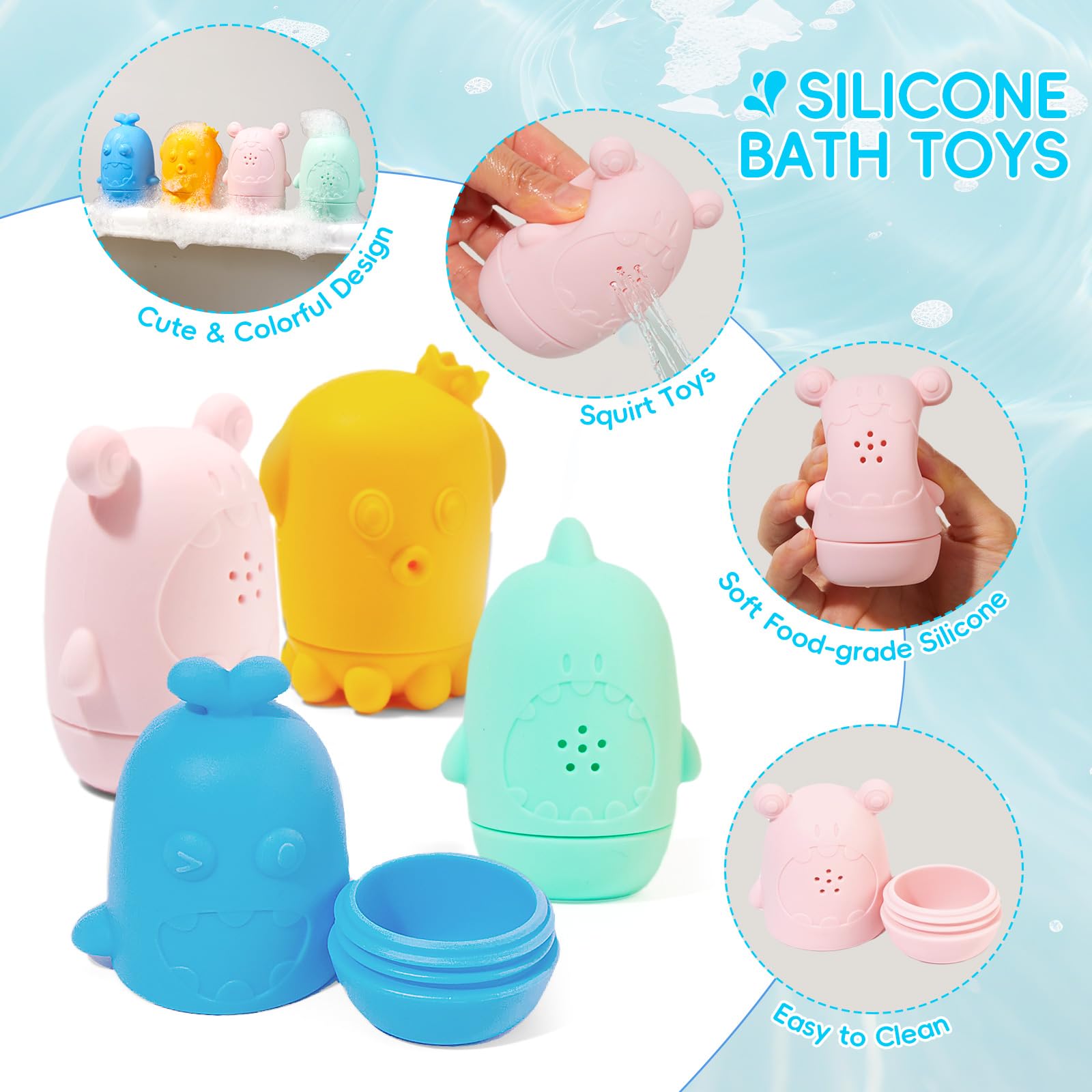 Juguetes de baño para bebés para niños de 1 a 3 años, 15 piezas sin moho, juguetes de baño para tina, juguetes de agua fáciles de limpiar y de fácil agarre, botes y cucharas apilables, juguete de baño 3