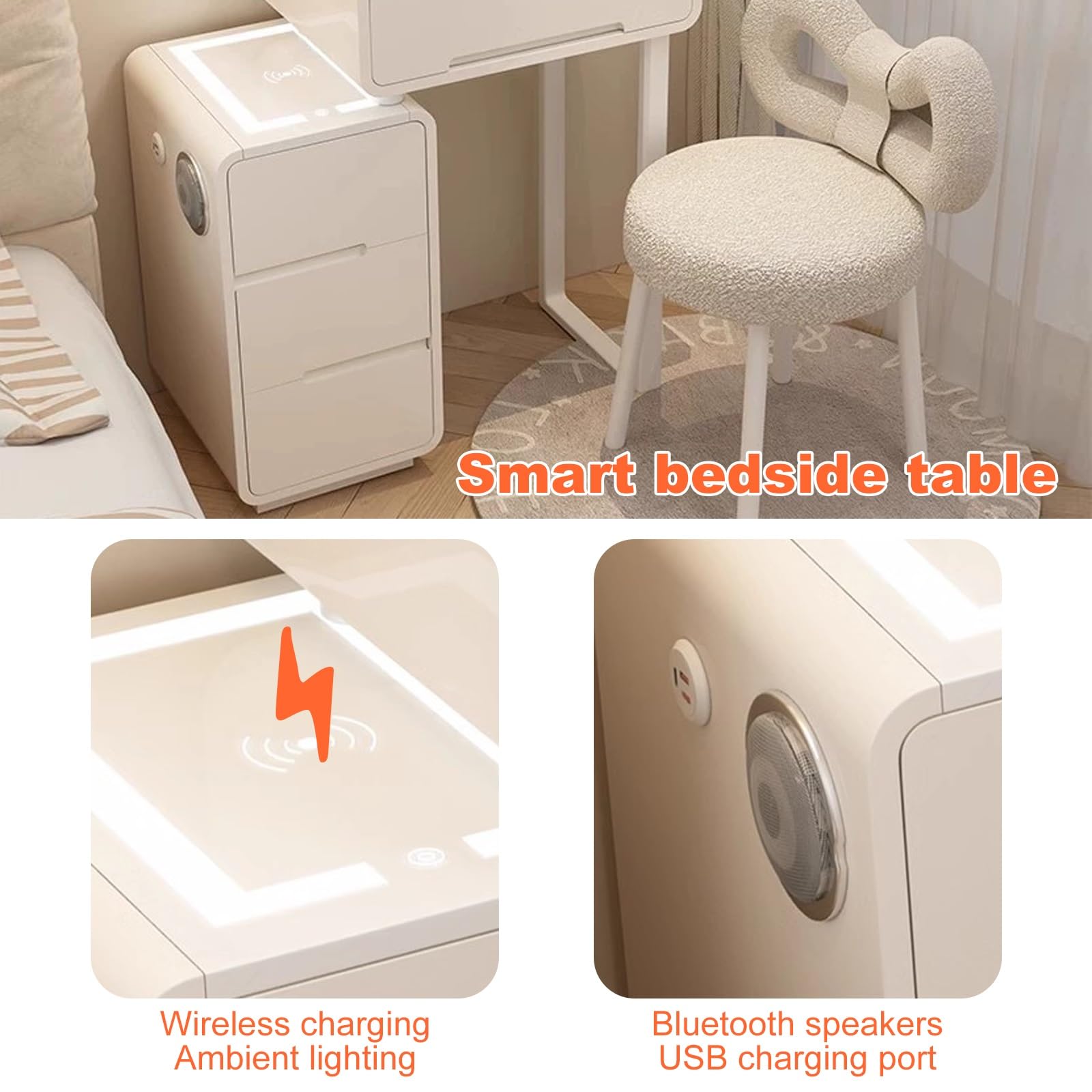 Smart Makeup Vanity Set con specchio illuminato a LED, tavolo allungabile e sgabello imbottito in legno massello, 50 cm, perfetto per gli amanti della bellezza