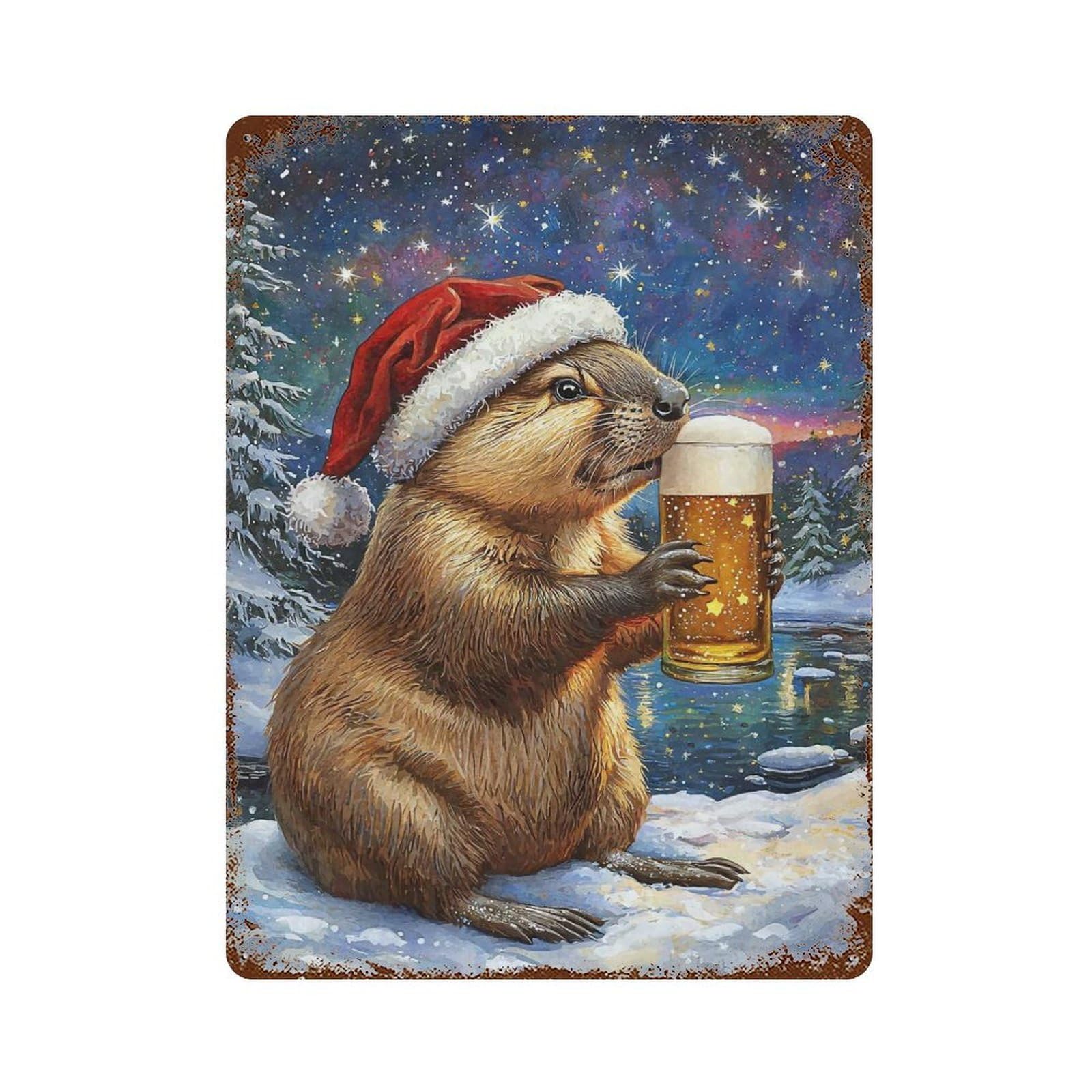 XMAS Bober Beer Santa Aged Metal Wall Plaque 15.7"x11.8", Decorative Metal Wall Art for Garage, Pub Or Kitchen