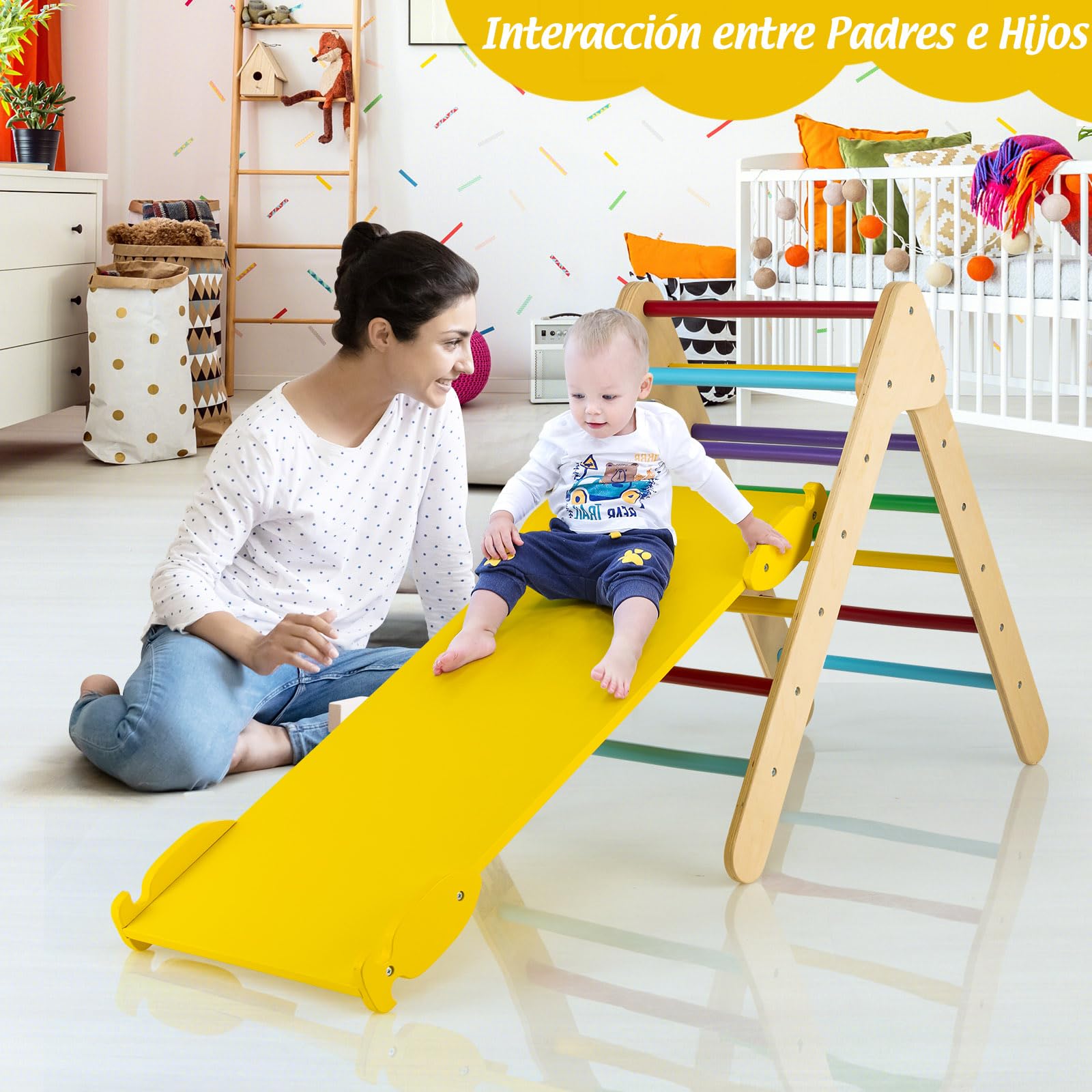 GOPLUS Triángulo de Escalada con Rampa Reversible, Juguete de Escalada para Niños de Madera 2 en 1, Juguete para Escalar y Deslizarse, Parque Infantil para Guardería, Carga 50 KG (Multicolor)