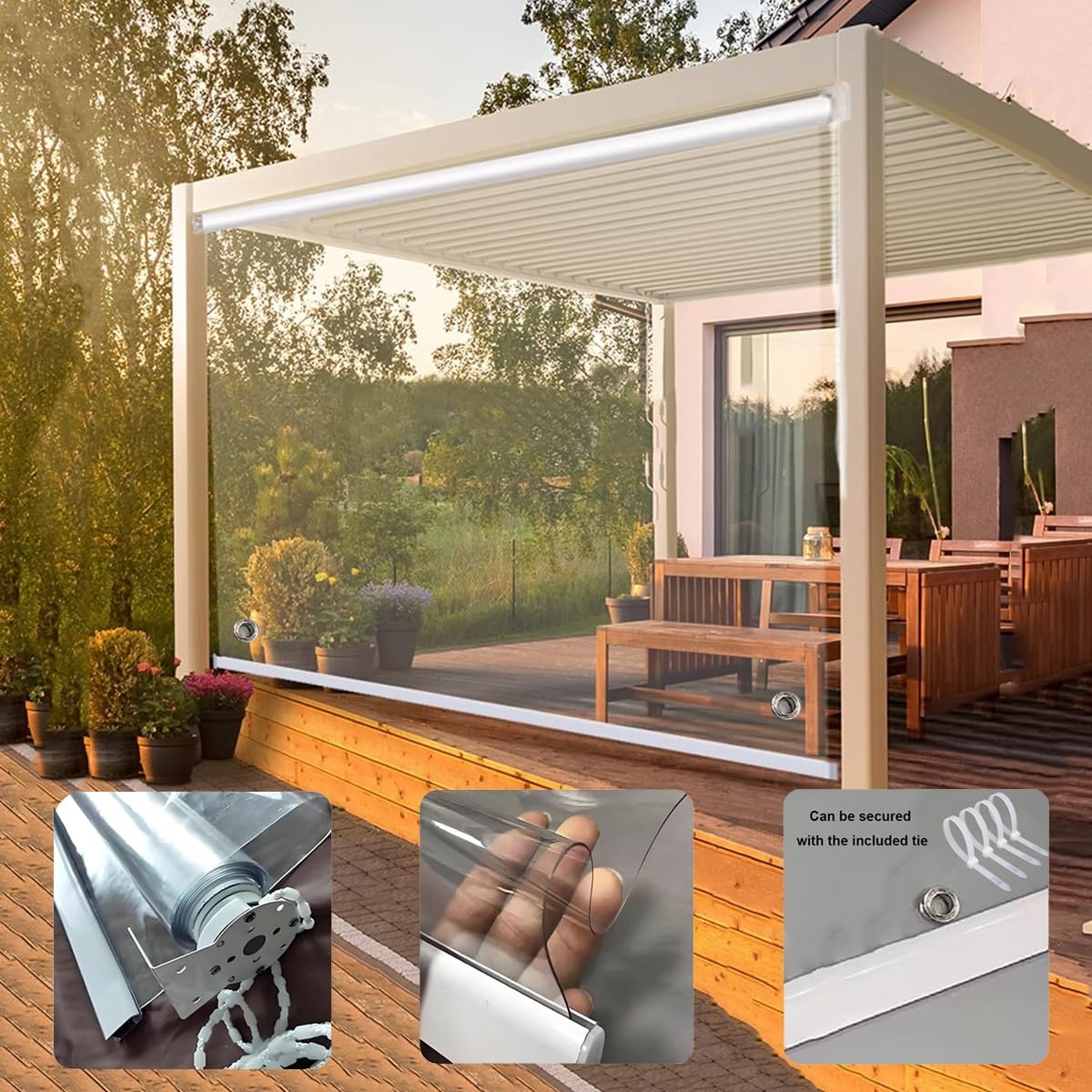 WaterproofRoller eOutdoor - Cubierta de PVC transparente resistente a la lluvia y al viento, para jardín, terraza, protección UV (50 x 50 cm)