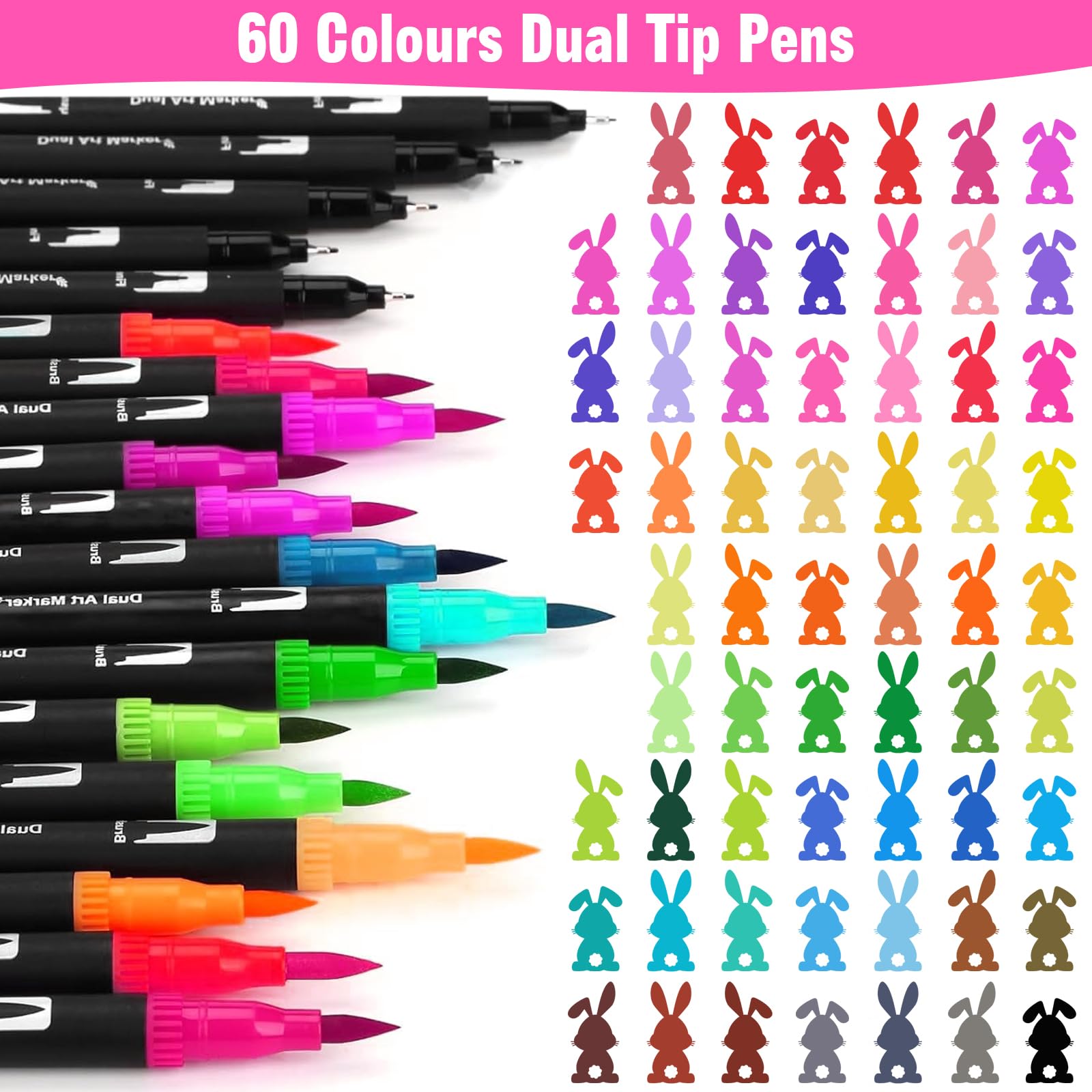 Filzstifte Set, 60 Farben Dual Brush Pen Set, Filzstifte Dicke und Dünne 1-5mm und 0,4 mm Pinselstifte und Fineliner Marker zum Zeichnen