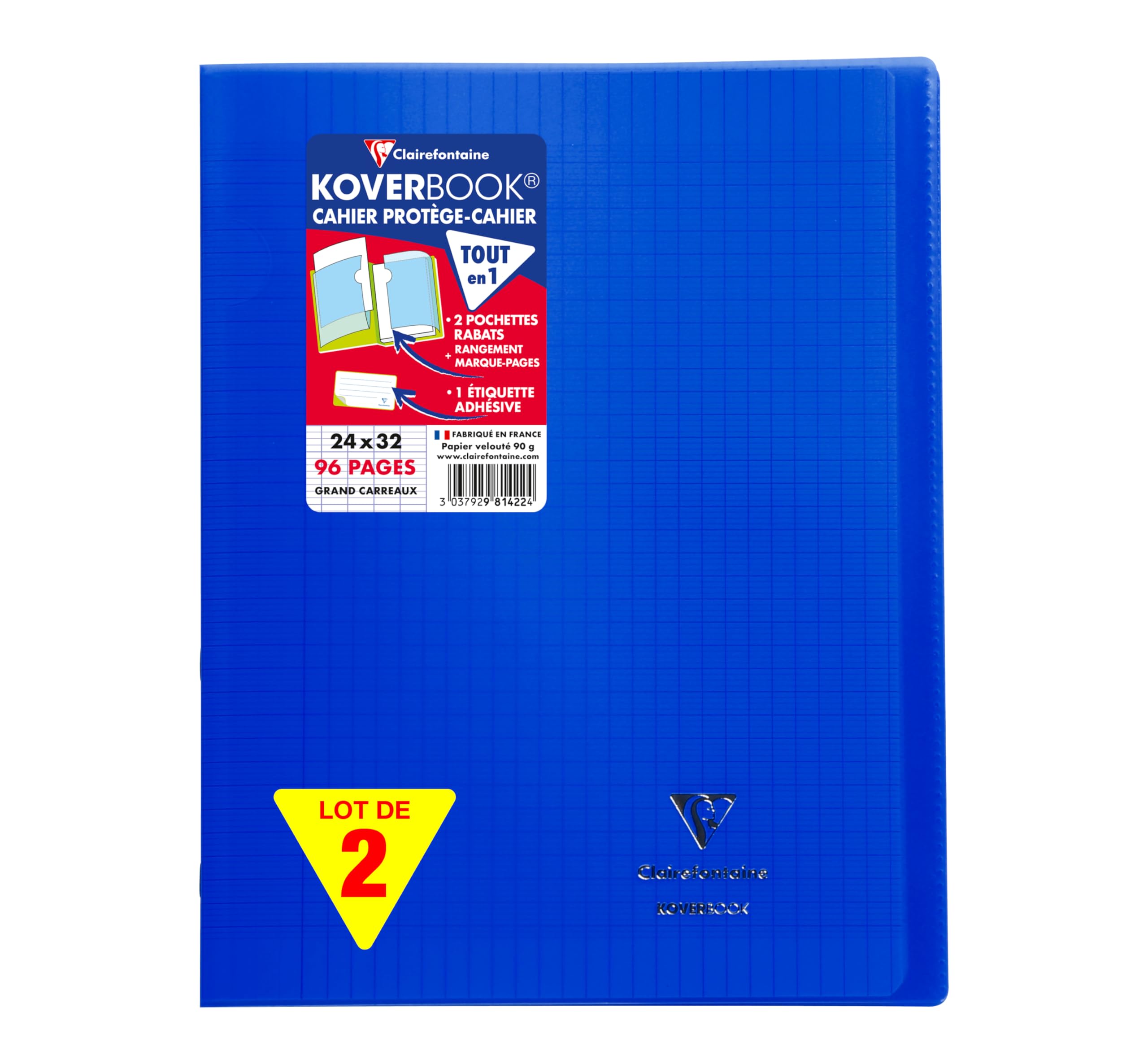 Clairefontaine 981422AMZC Un lot de 2 Cahiers Agrafés Koverbook 24x32 cm - 96 Pages Grands Carreaux - Papier Blanc 90 g - Couverture Polypro - Couleur : Bleu Marine