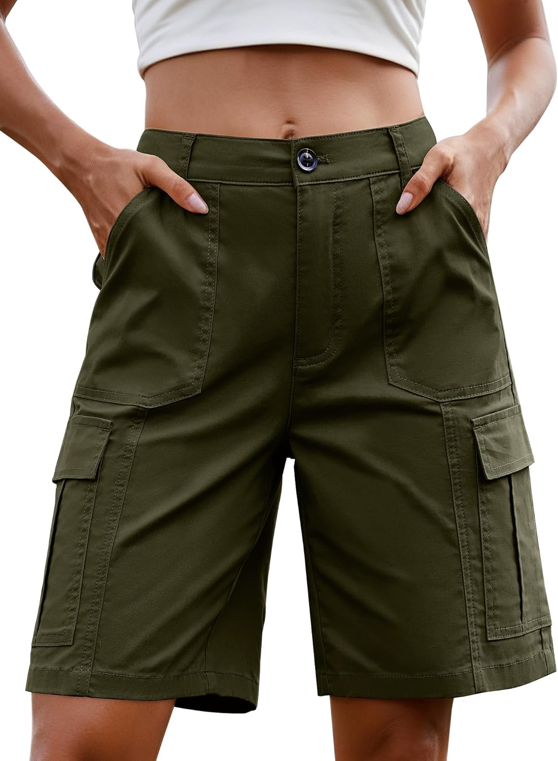 StylSense Kurze Hose Damen Sommer Bermuda Cargo Jeans Shorts Baumwolle Hohe Taille mit Elastischem Bund und 6 Taschen